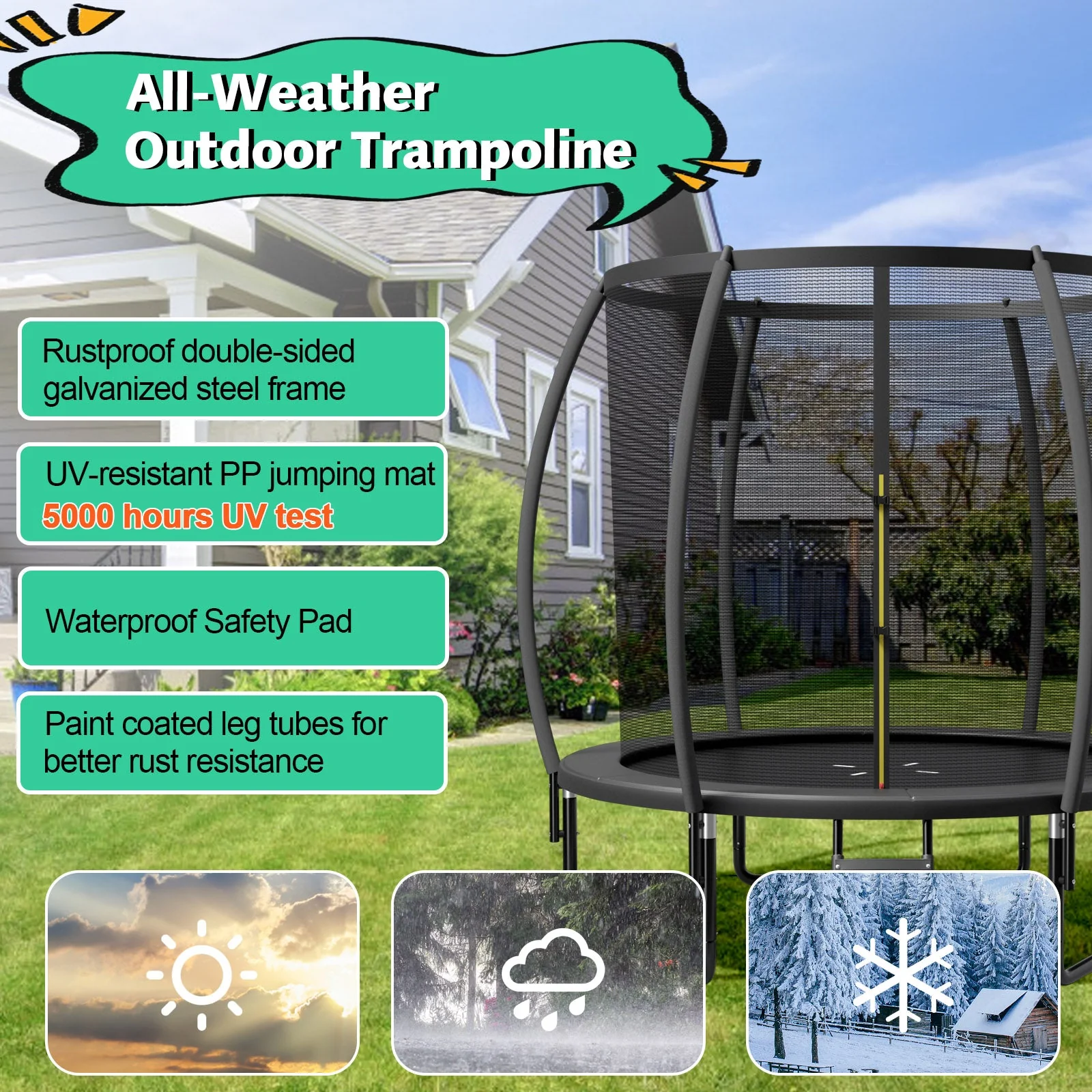 10 Feet ASTM Approved Recreational Trampoline with Ladder-Black - Image 4