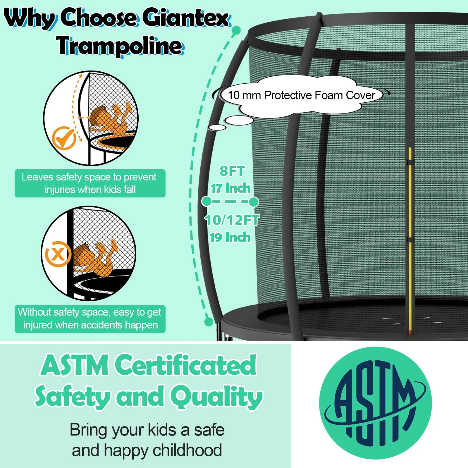 10 Feet ASTM Approved Recreational Trampoline with Ladder-Black - Image 8