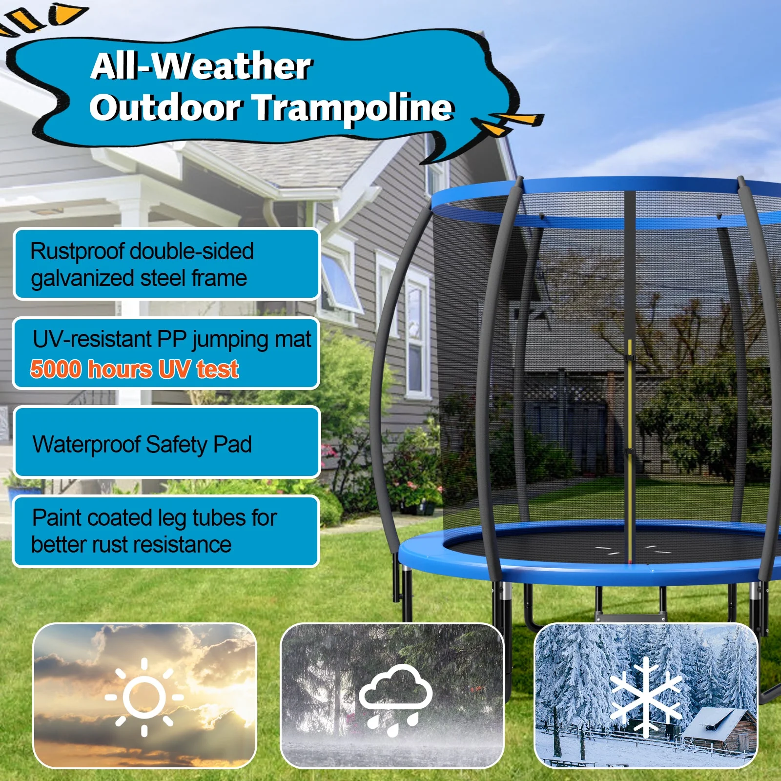 10 Feet ASTM Approved Recreational Trampoline with Ladder-Blue - Image 4