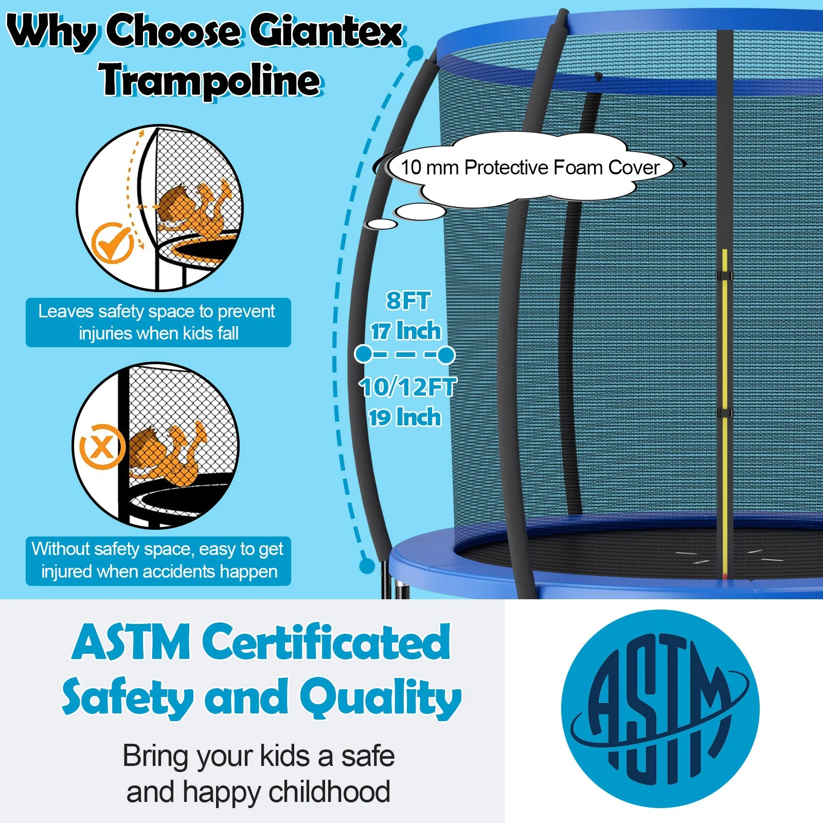 10 Feet ASTM Approved Recreational Trampoline with Ladder-Blue - Image 8