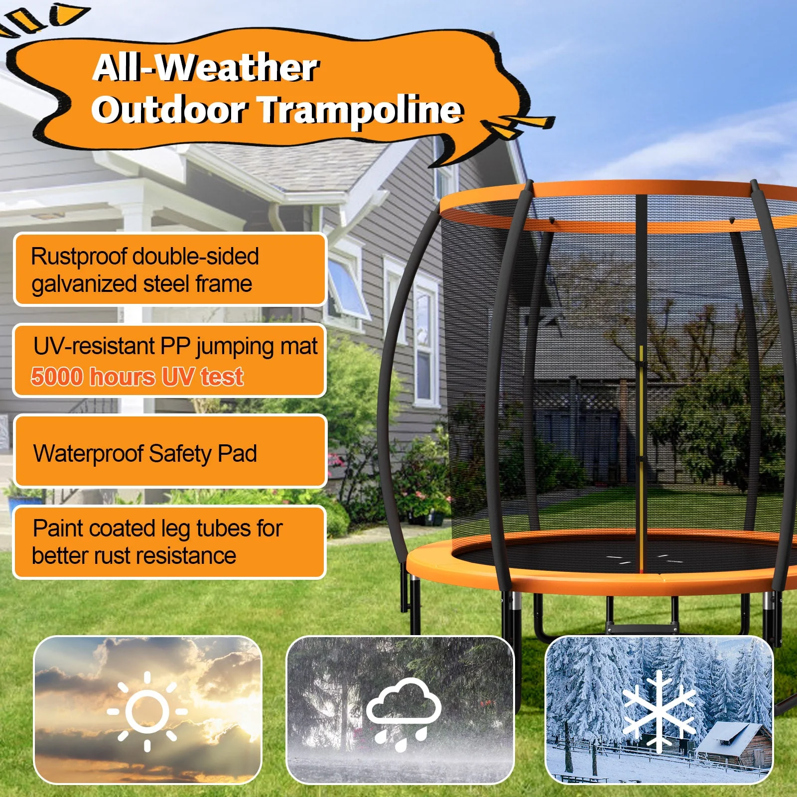 10 Feet ASTM Approved Recreational Trampoline with Ladder-Orange - Image 4