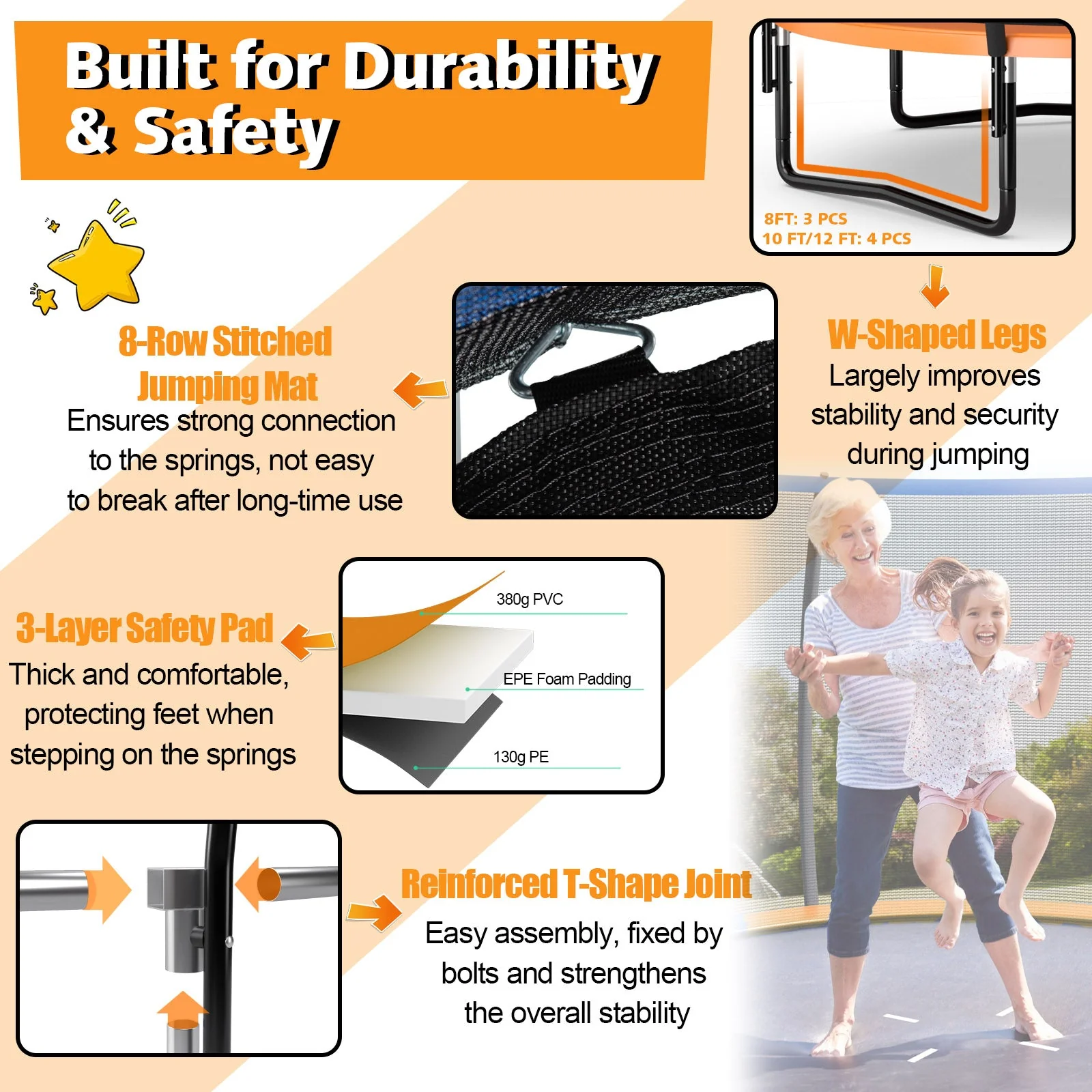 10 Feet ASTM Approved Recreational Trampoline with Ladder-Orange - Image 7