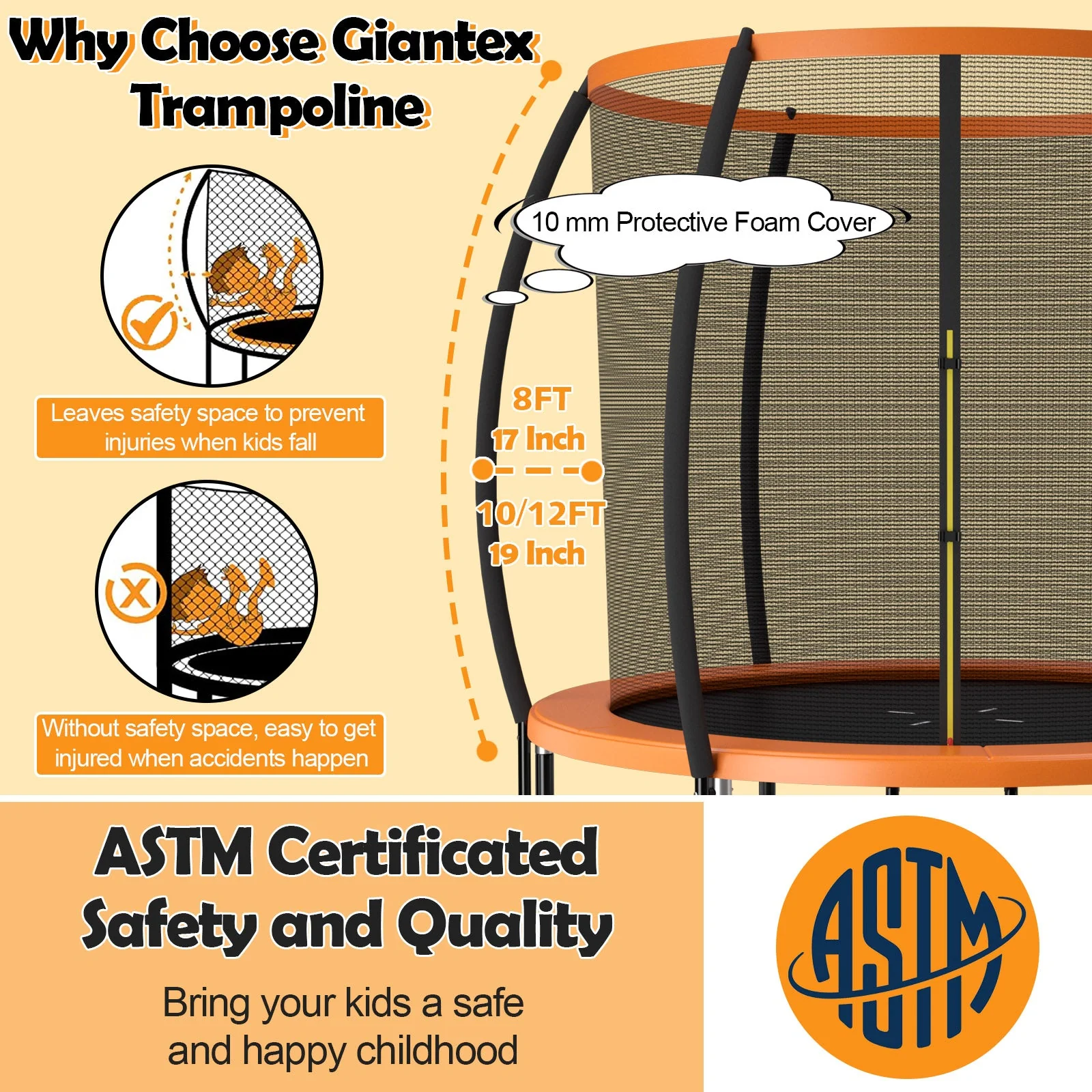 10 Feet ASTM Approved Recreational Trampoline with Ladder-Orange - Image 8