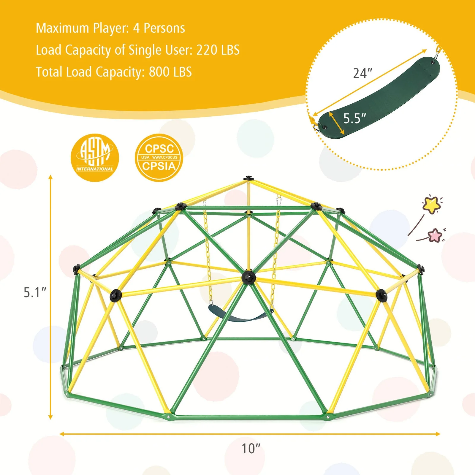 10 Feet Dome Climber with Swing and 800 Lbs Load Capacity-Green - Image 5