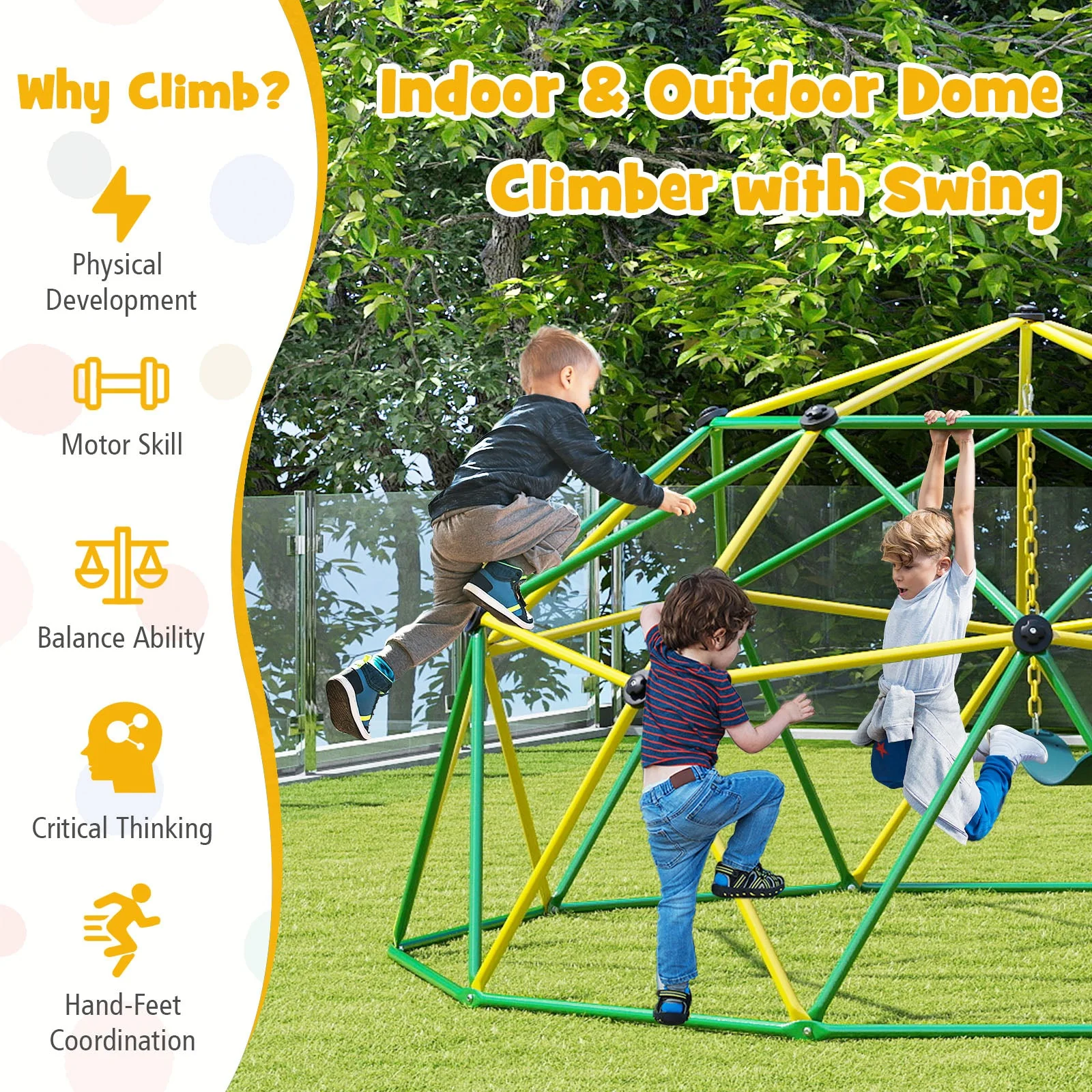 10 Feet Dome Climber with Swing and 800 Lbs Load Capacity-Green - Image 6