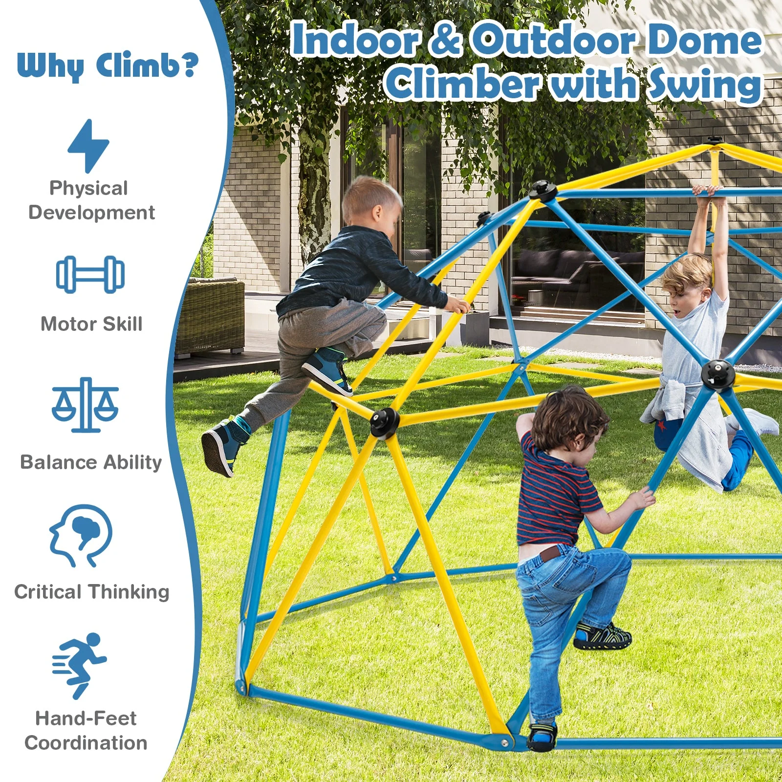 10 Feet Dome Climber with Swing and 800 Lbs Load Capacity-Multicolor - Image 2