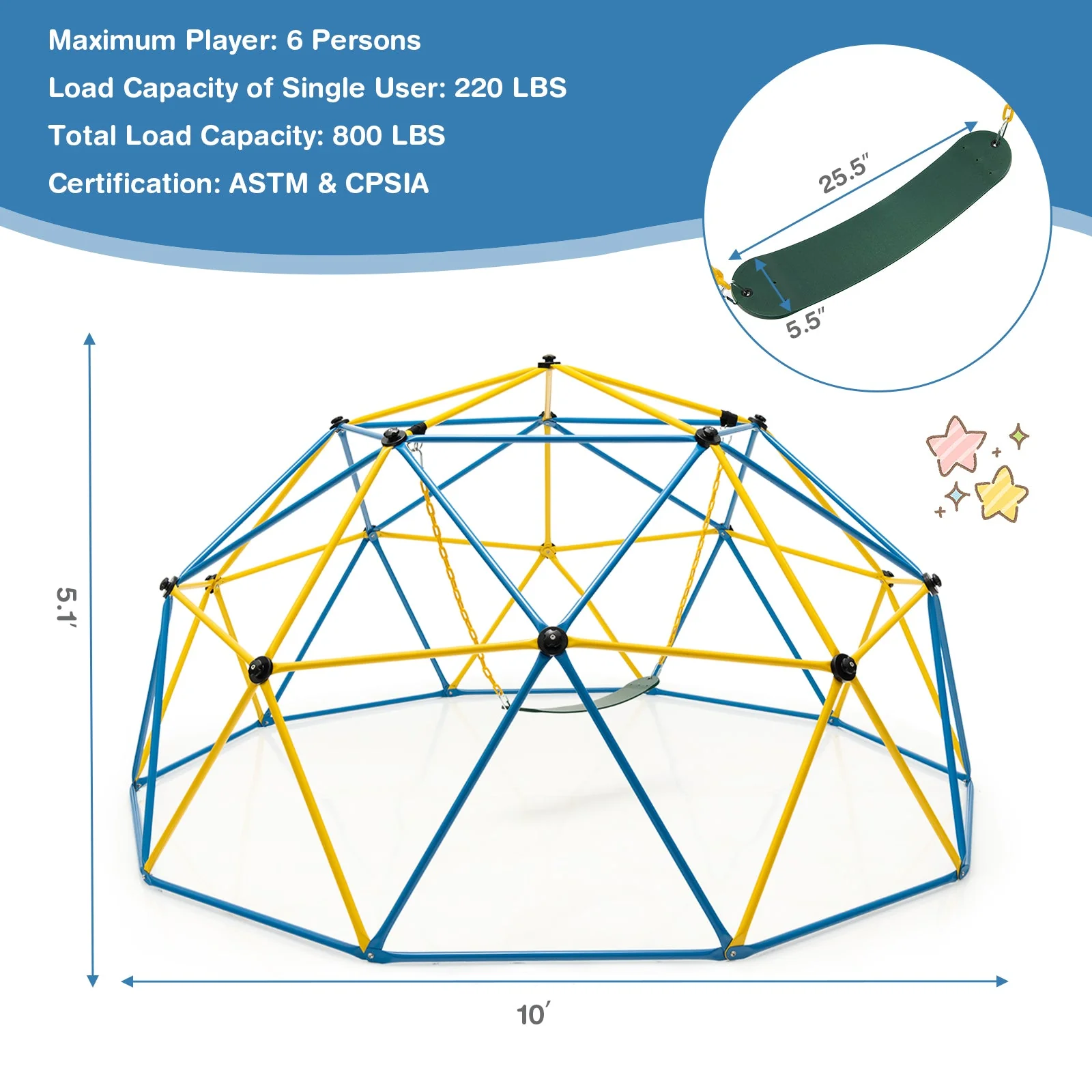 10 Feet Dome Climber with Swing and 800 Lbs Load Capacity-Multicolor - Image 5