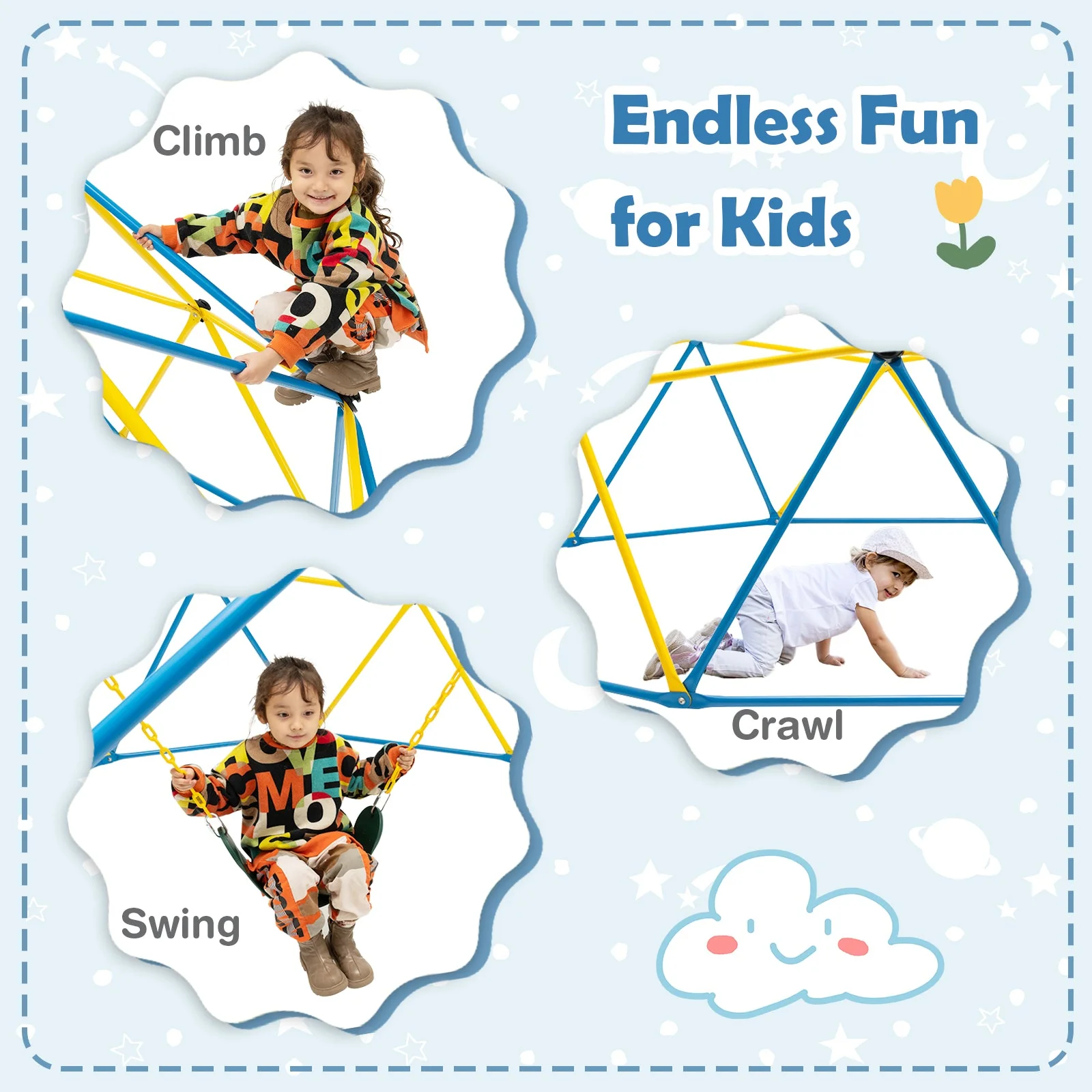 10 Feet Dome Climber with Swing and 800 Lbs Load Capacity-Multicolor - Image 8