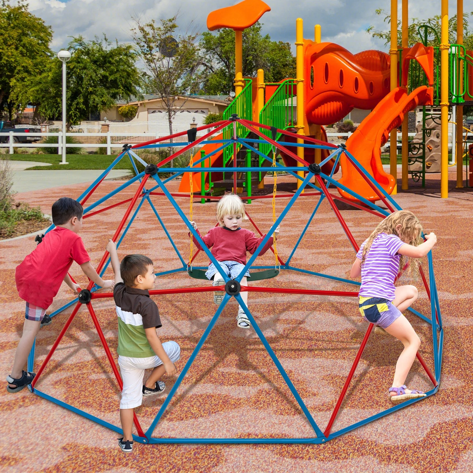 10 Feet Dome Climber with Swing and 800 Lbs Load Capacity-Red - Image 5