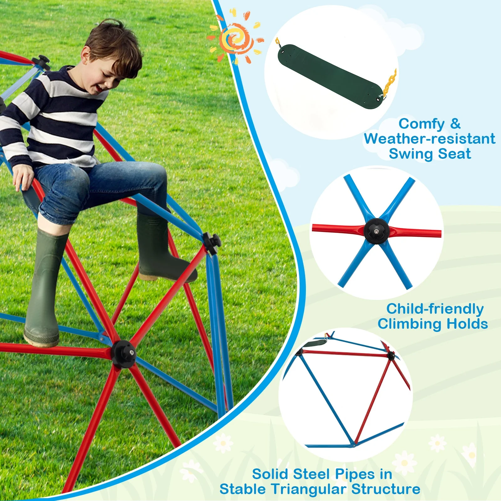 10 Feet Dome Climber with Swing and 800 Lbs Load Capacity-Red - Image 6