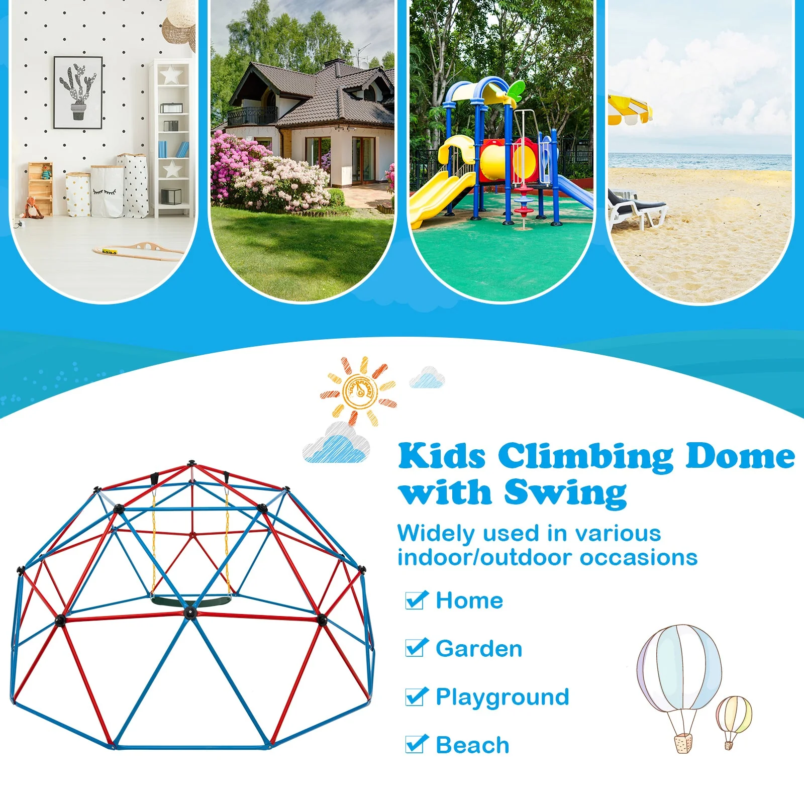 10 Feet Dome Climber with Swing and 800 Lbs Load Capacity-Red - Image 7