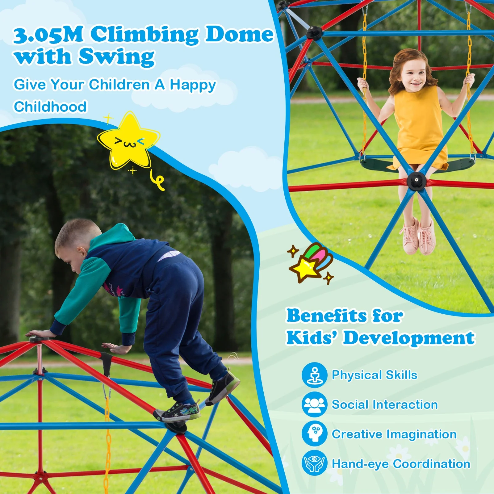 10 Feet Dome Climber with Swing and 800 Lbs Load Capacity-Red - Image 8