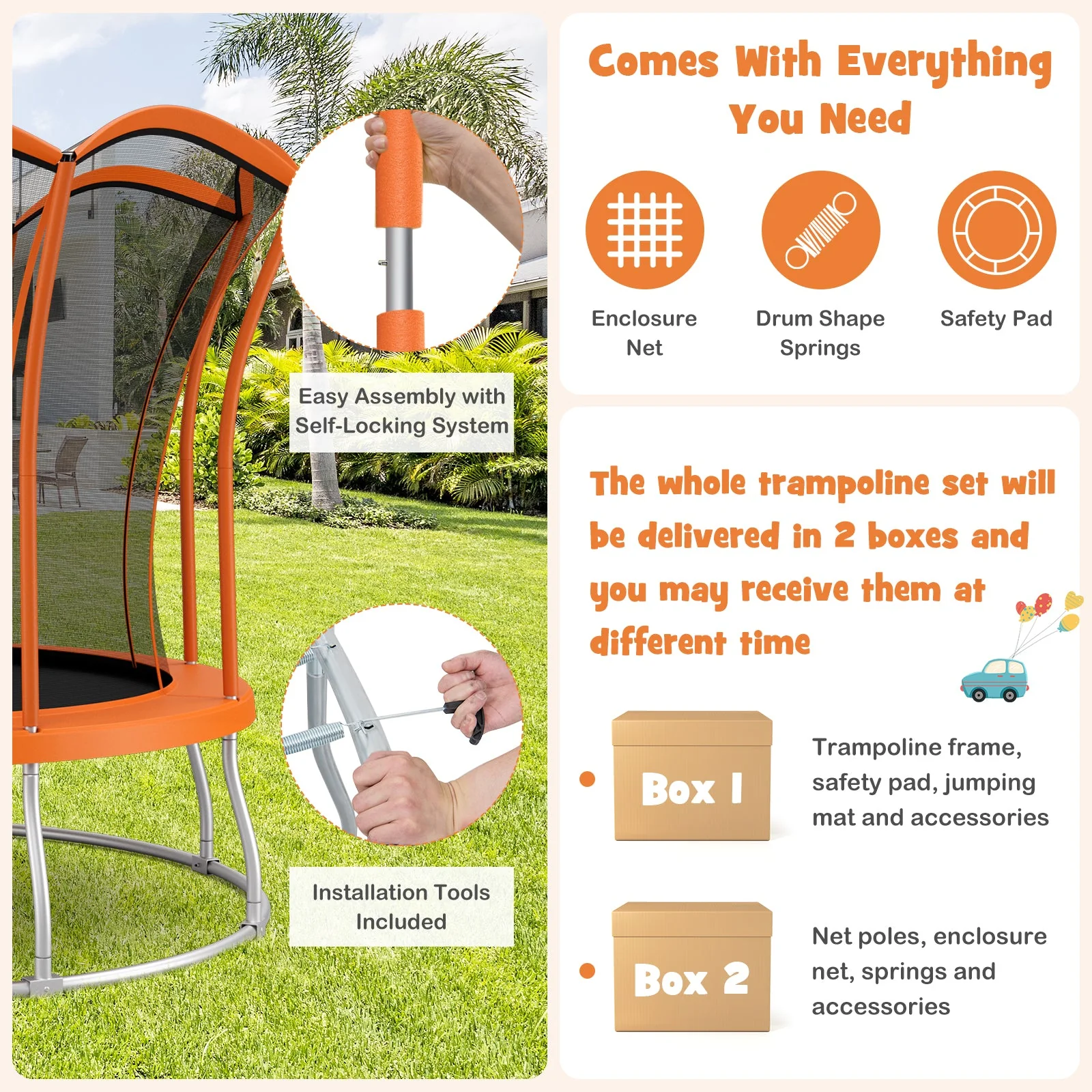 10 Feet Unique Flower Shape Trampoline with Galvanized Steel Frame-Orange - Image 6