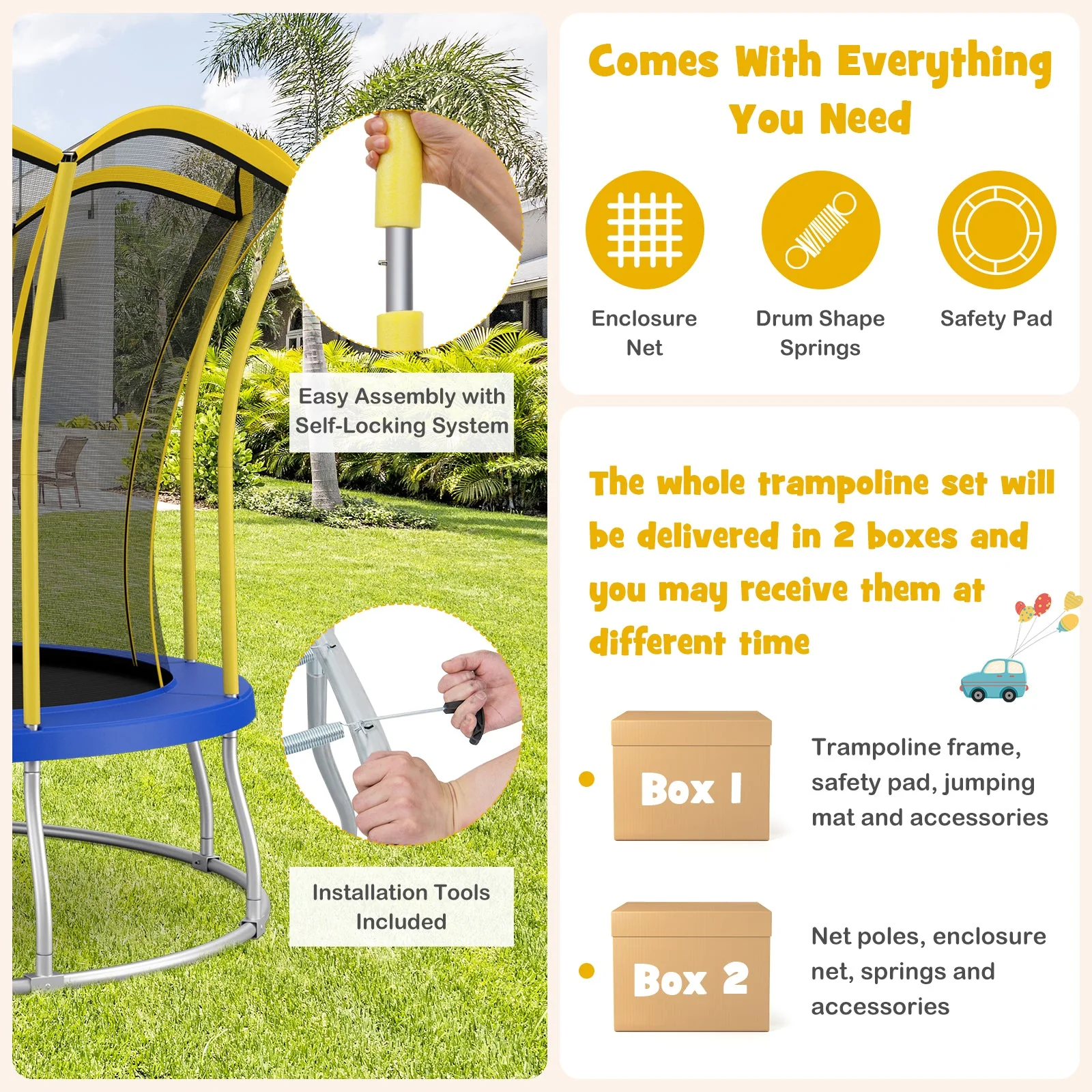 10 Feet Unique Flower Shape Trampoline with Galvanized Steel Frame-Yellow - Image 6