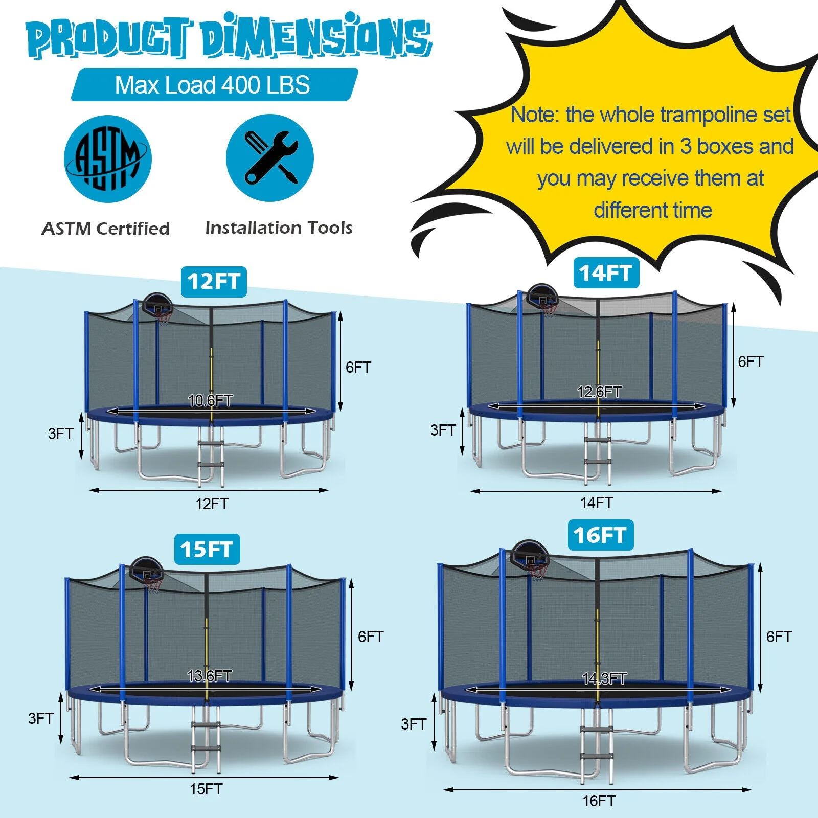 12/14/15/16 Feet Outdoor Recreational Trampoline with Enclosure Net-12 ft - Image 4