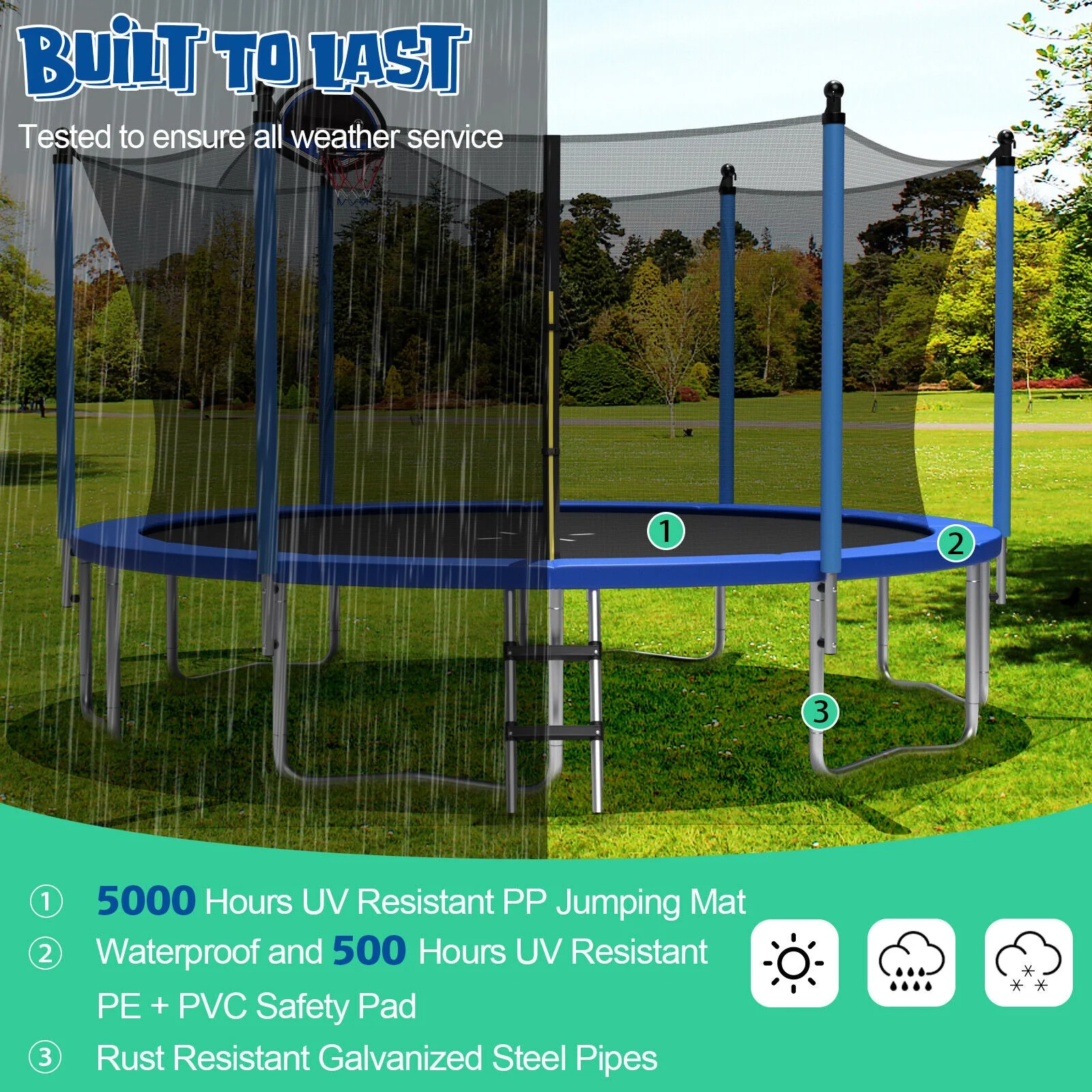 12/14/15/16 Feet Outdoor Recreational Trampoline with Ladder and Enclosure Net-15 ft - Image 7