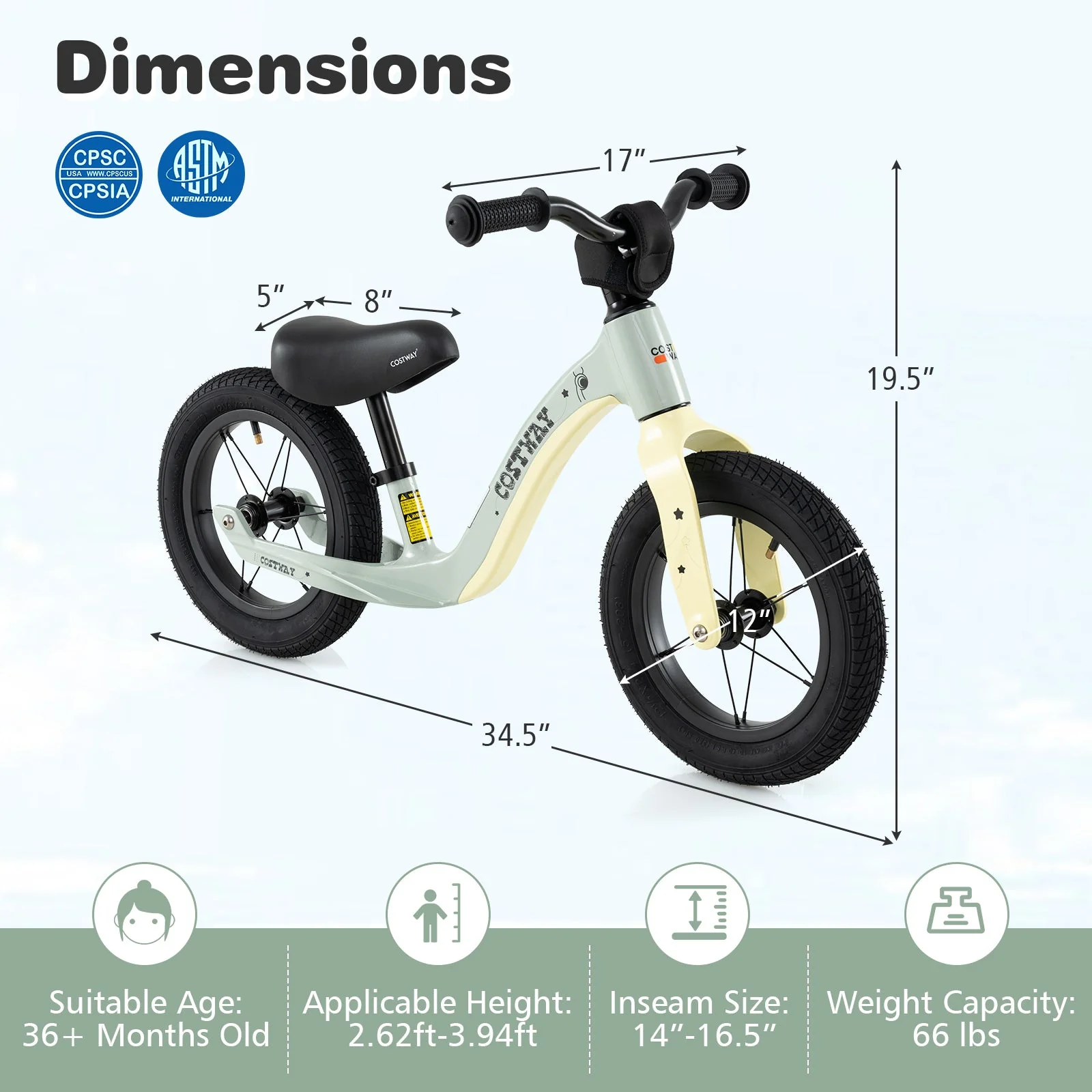 12-Inch Balance Bike with Adjustable Seat and Rotatable Handlebar for Over 36 Months Old-Green - Image 4