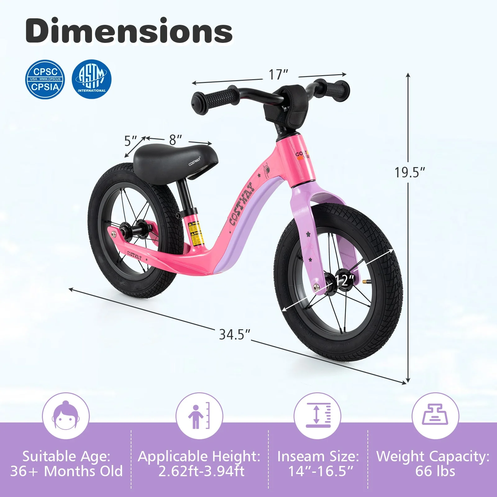 12-Inch Balance Bike with Adjustable Seat and Rotatable Handlebar for Over 36 Months Old-Pink - Image 4