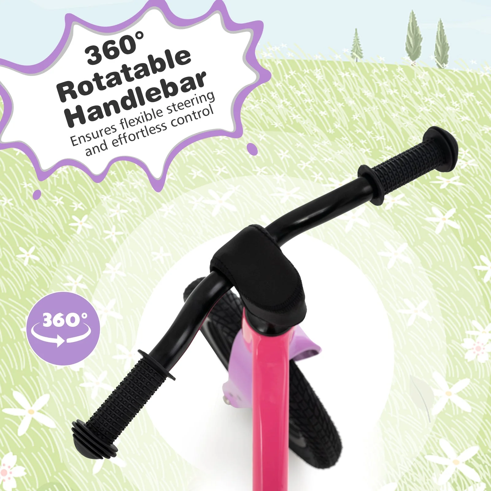 12-Inch Balance Bike with Adjustable Seat and Rotatable Handlebar for Over 36 Months Old-Pink - Image 6