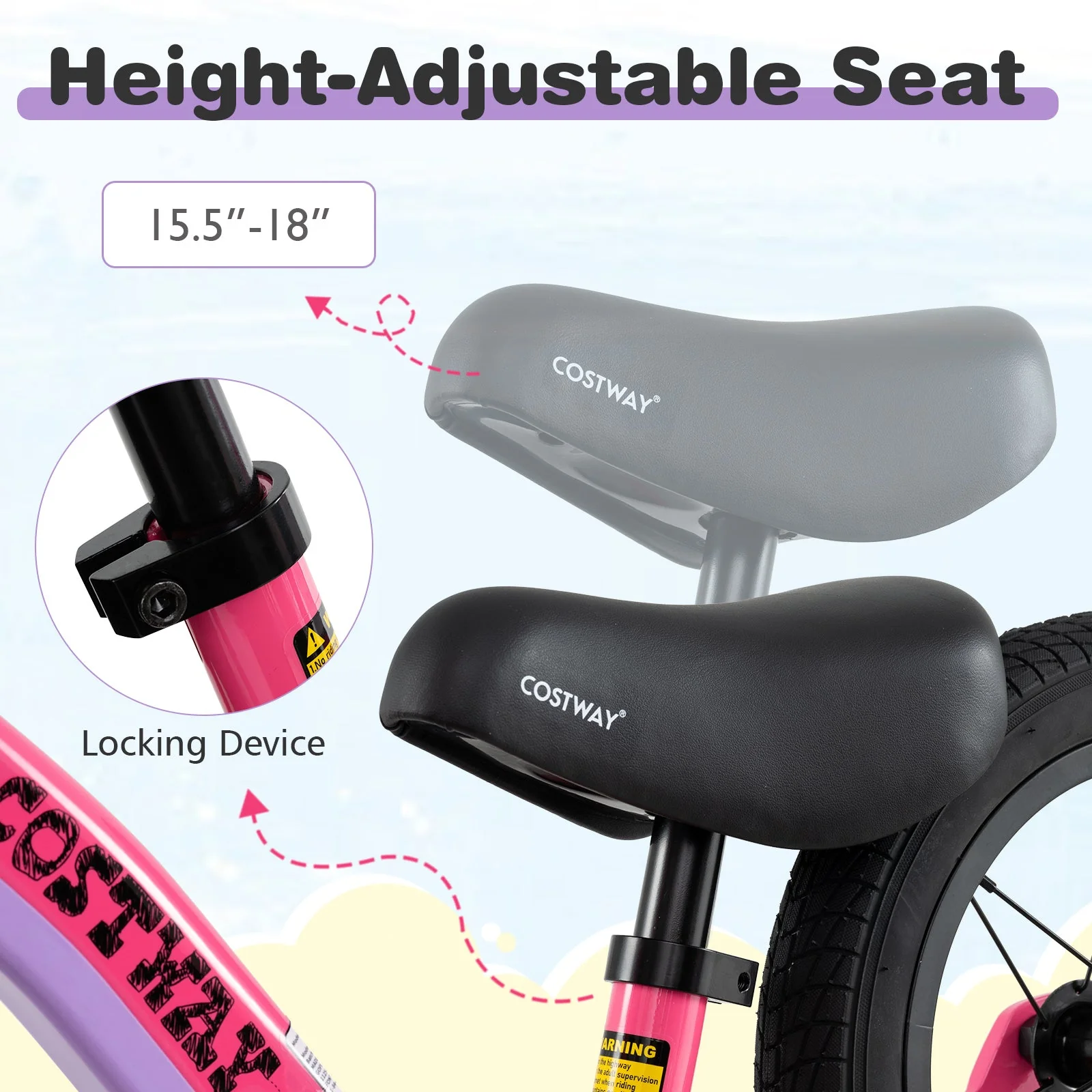 12-Inch Balance Bike with Adjustable Seat and Rotatable Handlebar for Over 36 Months Old-Pink - Image 7