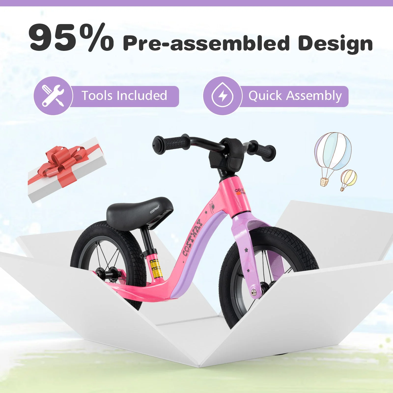 12-Inch Balance Bike with Adjustable Seat and Rotatable Handlebar for Over 36 Months Old-Pink - Image 8
