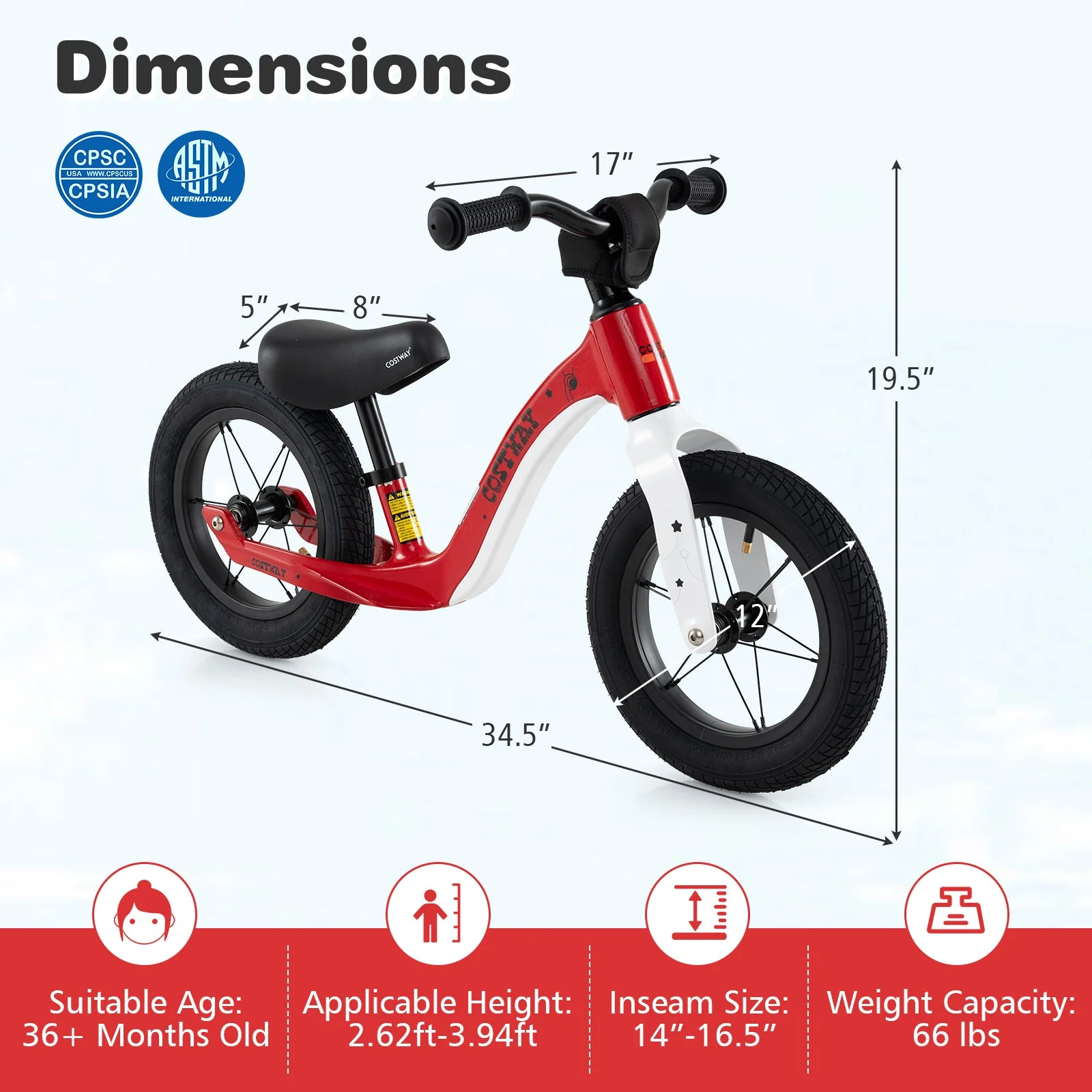 12-Inch Balance Bike with Adjustable Seat and Rotatable Handlebar for Over 36 Months Old-Red - Image 4