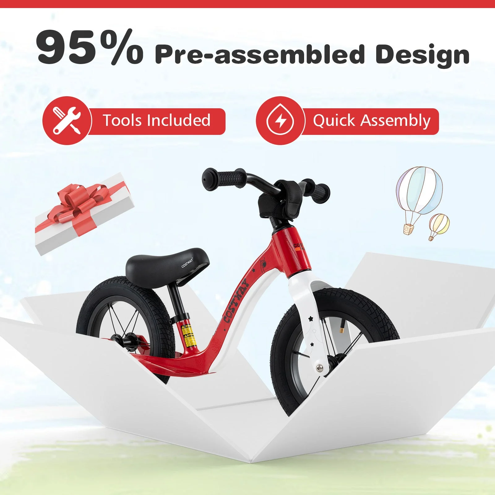 12-Inch Balance Bike with Adjustable Seat and Rotatable Handlebar for Over 36 Months Old-Red - Image 5