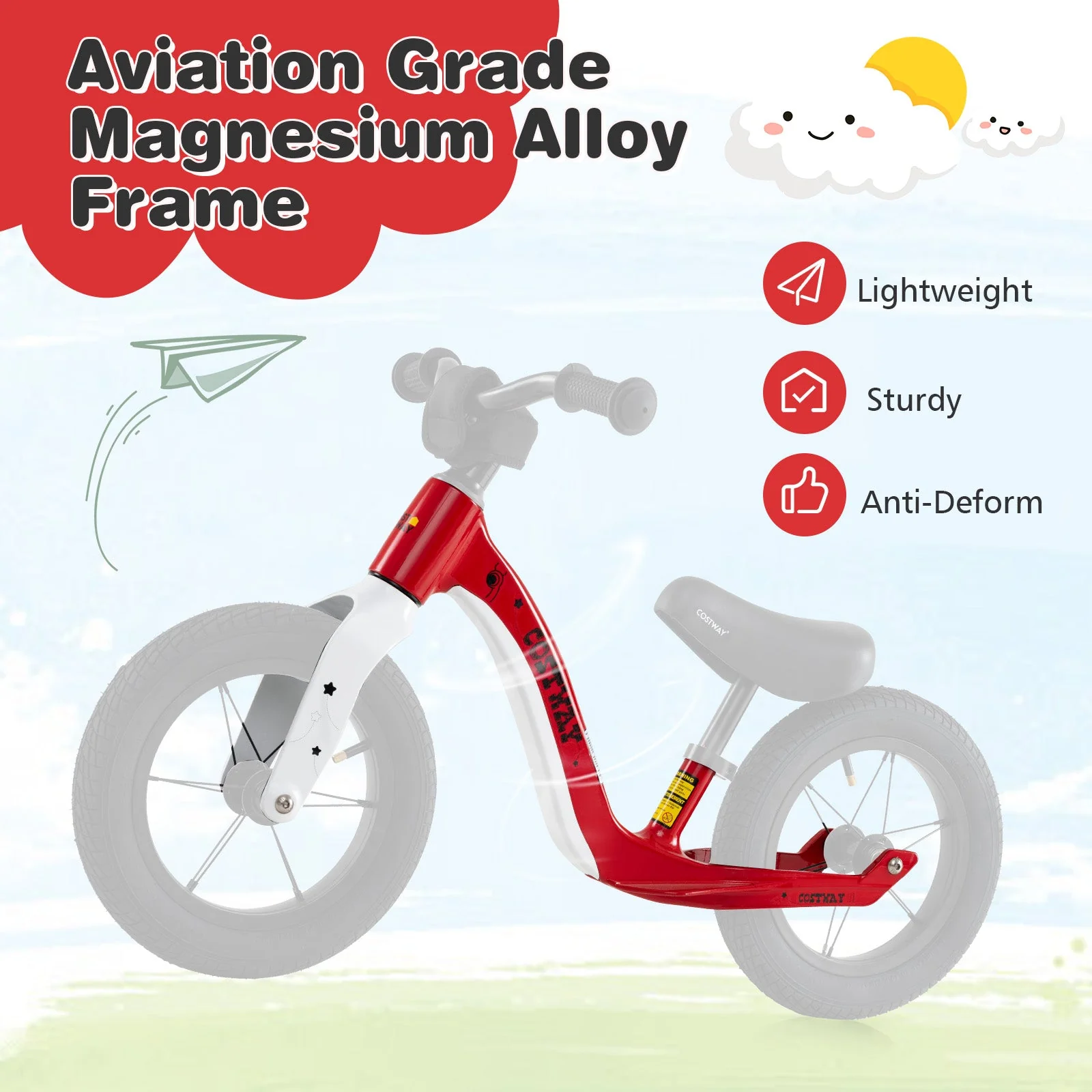 12-Inch Balance Bike with Adjustable Seat and Rotatable Handlebar for Over 36 Months Old-Red - Image 7