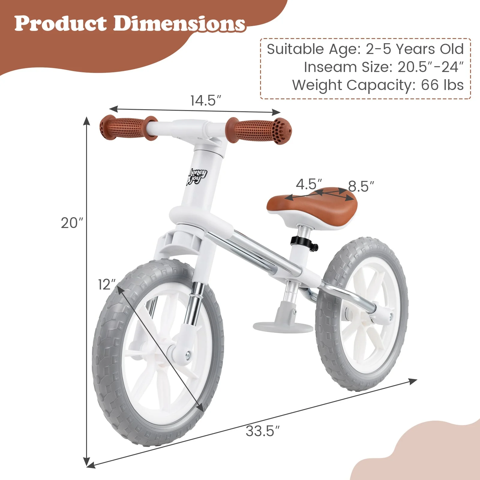 12 Inch Balance Bike with Adjustable Seat and Rotatable Handlebar-White - Image 4