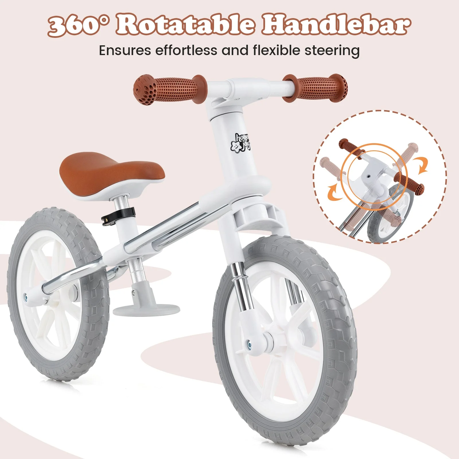 12 Inch Balance Bike with Adjustable Seat and Rotatable Handlebar-White - Image 7