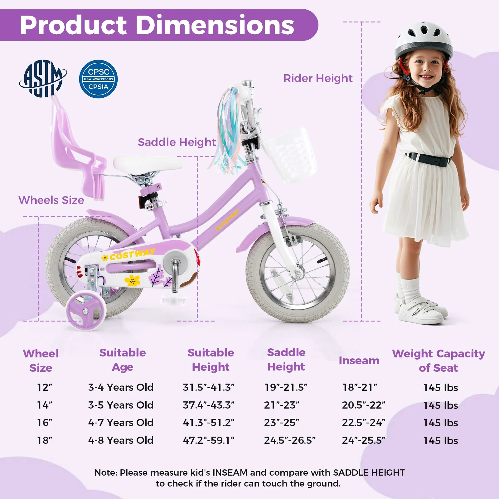 12 Inch Girls Bike Kids Bicycle with Doll Seat and Streamers for Children 3-4 Years Old - Image 4