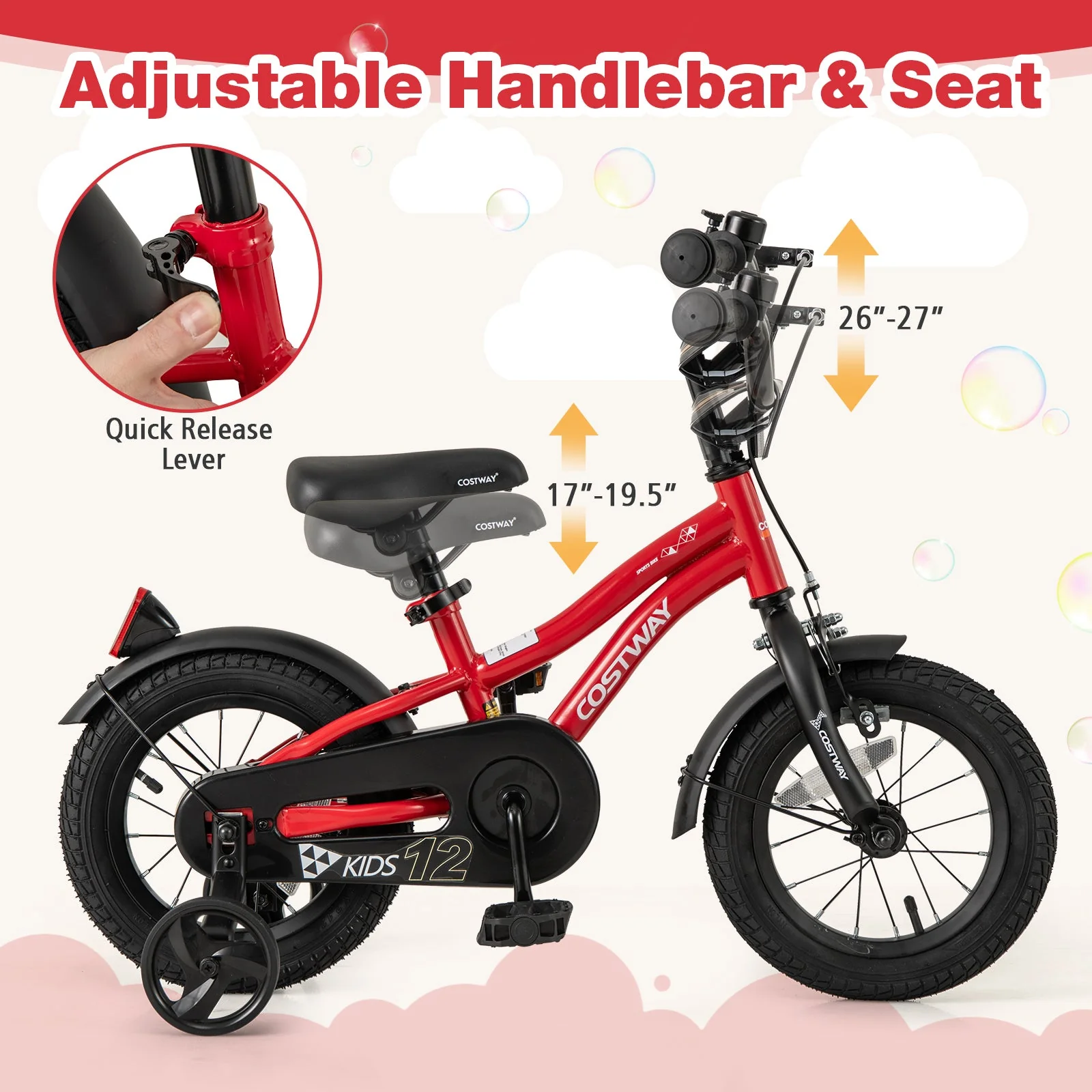 12 Inch Kids Bike Adjustable Bicycle with Reflectors and Bell for 3-4 Years Old - Image 6
