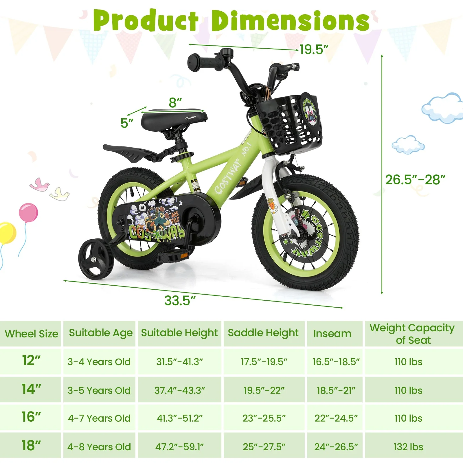 12 Inch Kids Bike Adjustable with Detachable Training Wheels for 3-4 Years Old-12 inches - Image 4