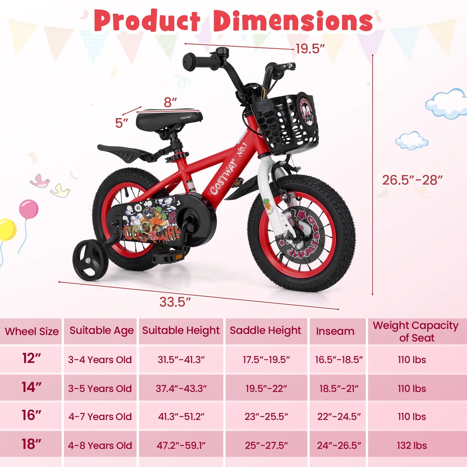 12 Inch Kids Bike Adjustable with Storage Basket and Double Brake for 3-4 Years Old-12 inches - Image 4