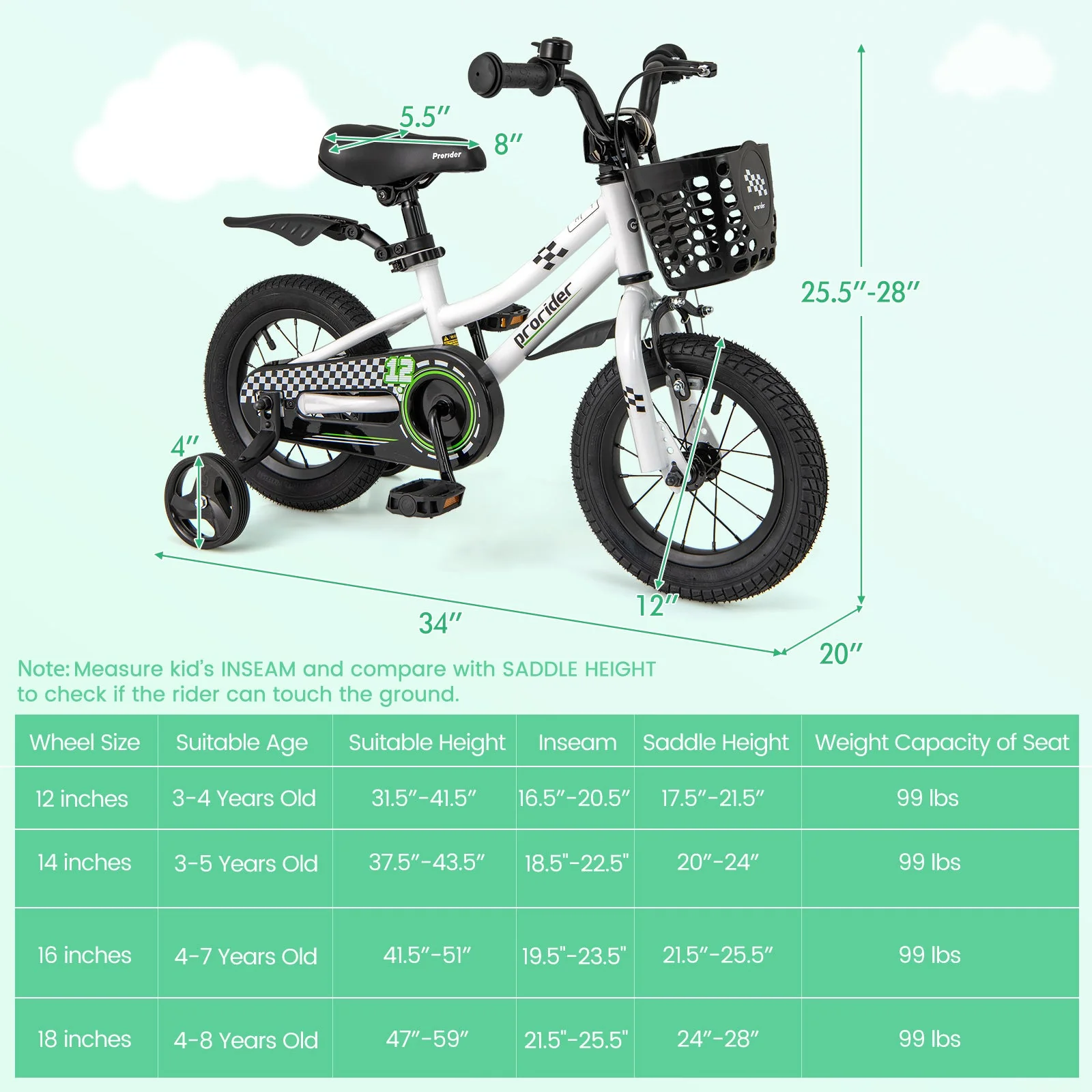 12 Inch Kids Bike Children Bicycle with Training Wheels for 3-4 Years Old-White - Image 4