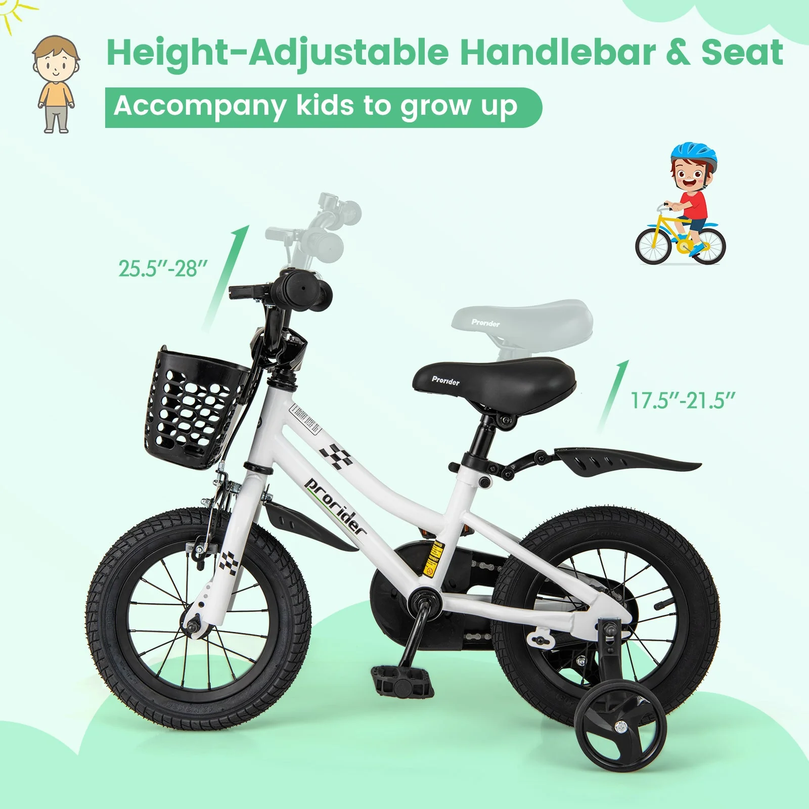 12 Inch Kids Bike Children Bicycle with Training Wheels for 3-4 Years Old-White - Image 6