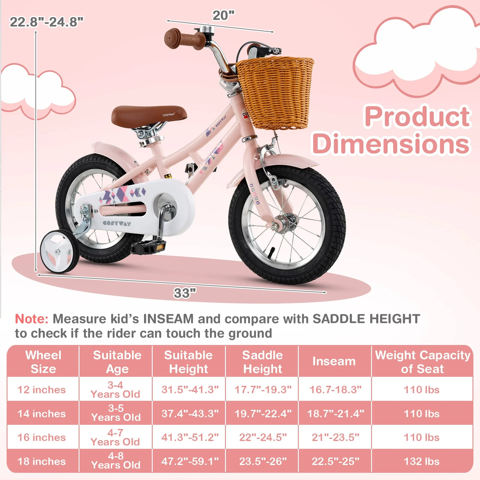 12 Inch Kids Bike Retro Bicycle with Adjustable Height and Basket for Ages 3-8 Years Old - Image 4