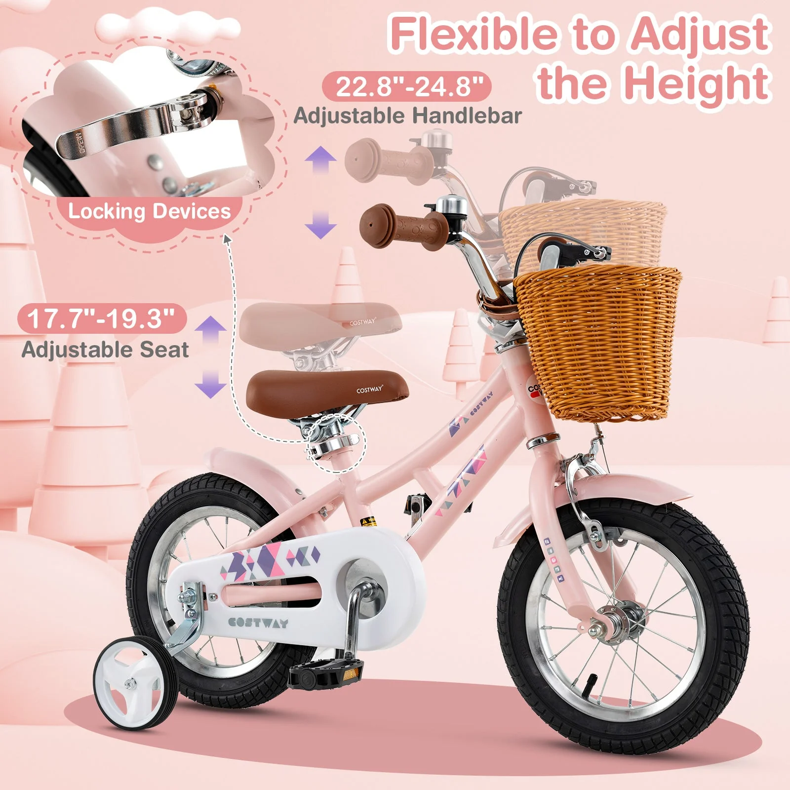 12 Inch Kids Bike Retro Bicycle with Adjustable Height and Basket for Ages 3-8 Years Old - Image 5