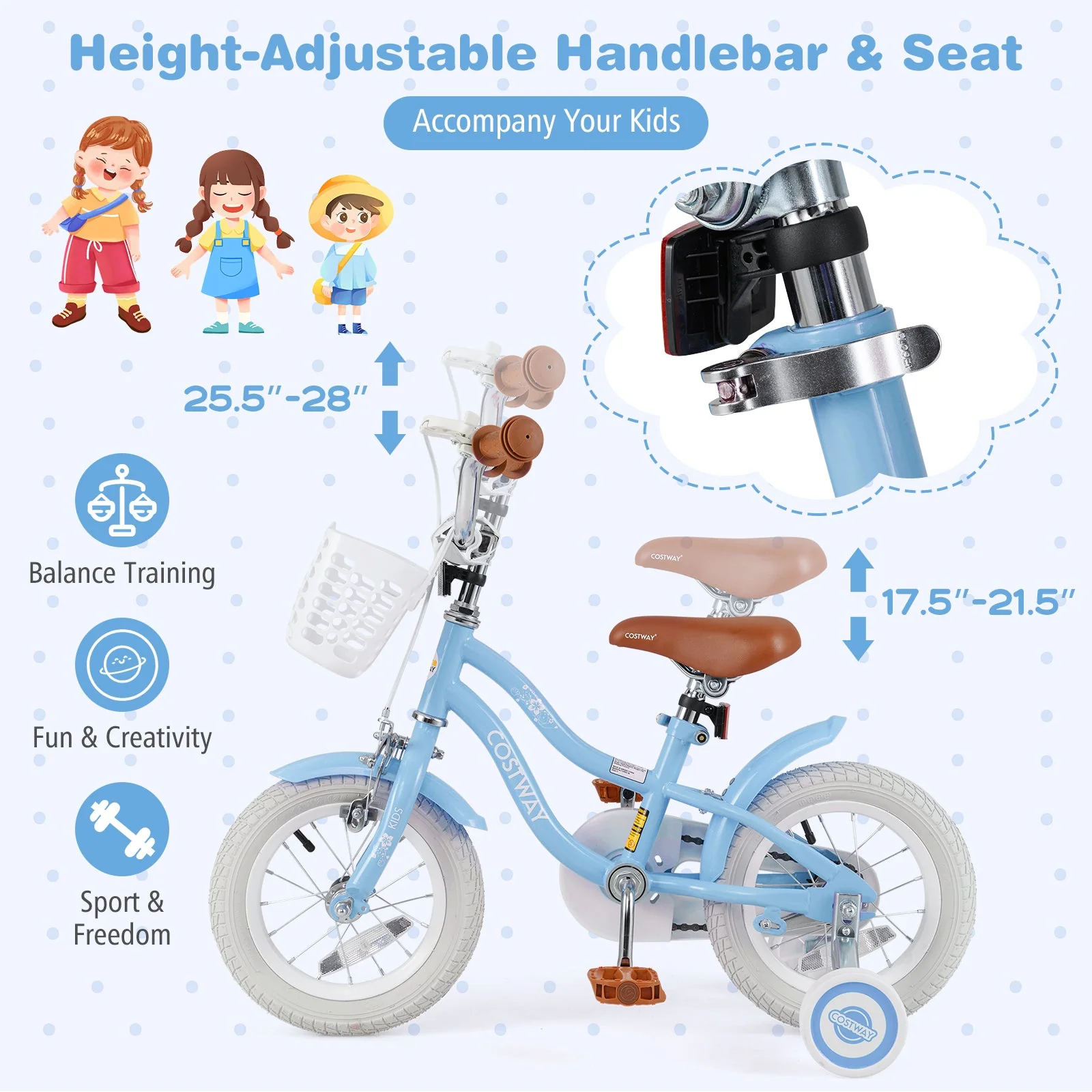 12 Inch Kids Bike with Adjustable Handlebar and Seat for 3-4 Year Old - Image 5
