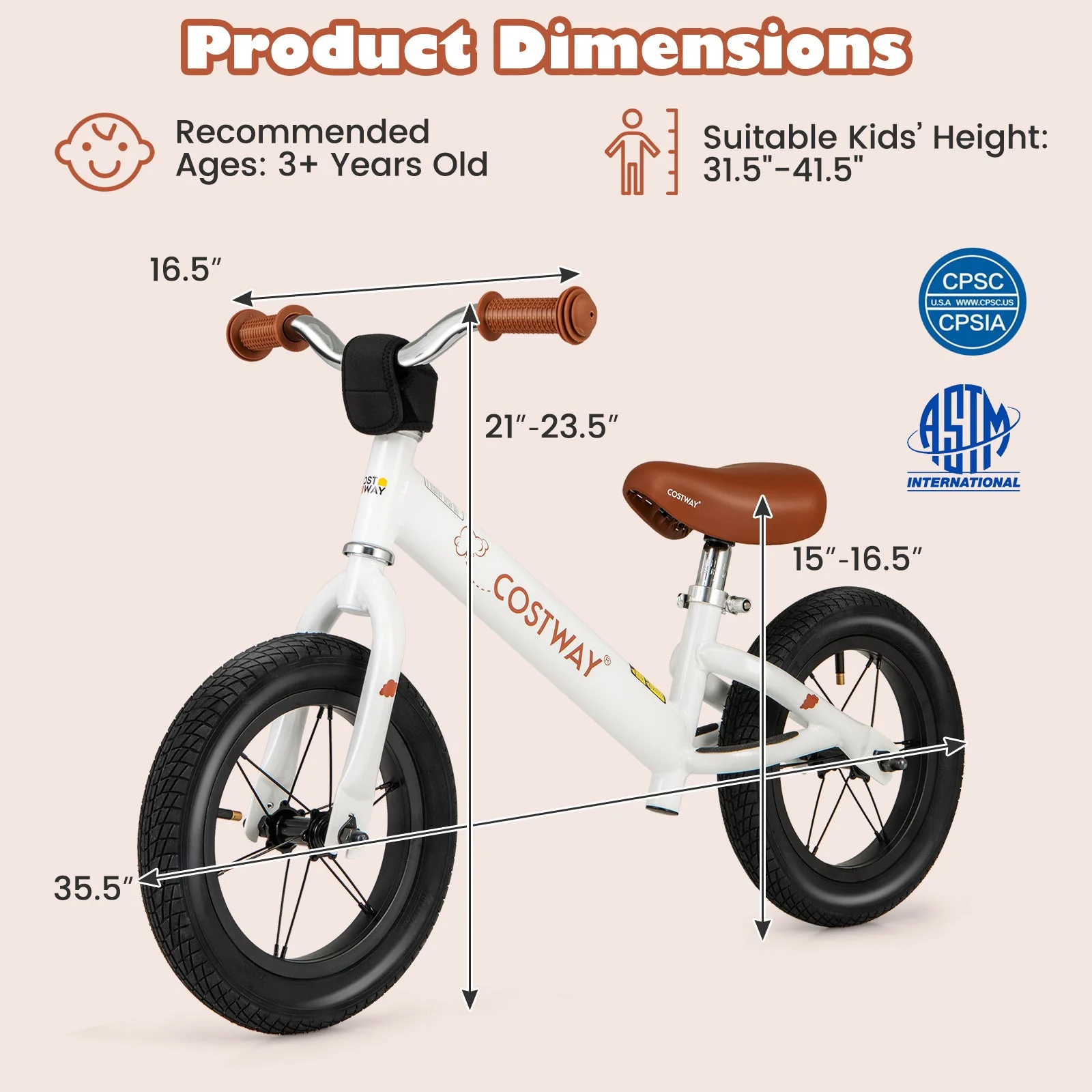 12 Inch Toddler Balance Bike with Height Adjustable Handlebar and Seat-White - Image 4