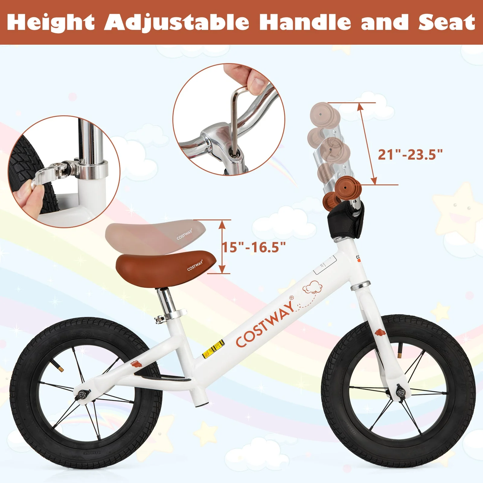 12 Inch Toddler Balance Bike with Height Adjustable Handlebar and Seat-White - Image 6