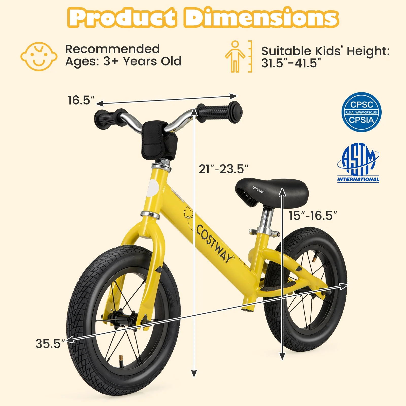12 Inch Toddler Balance Bike with Height Adjustable Handlebar and Seat-Yellow - Image 4