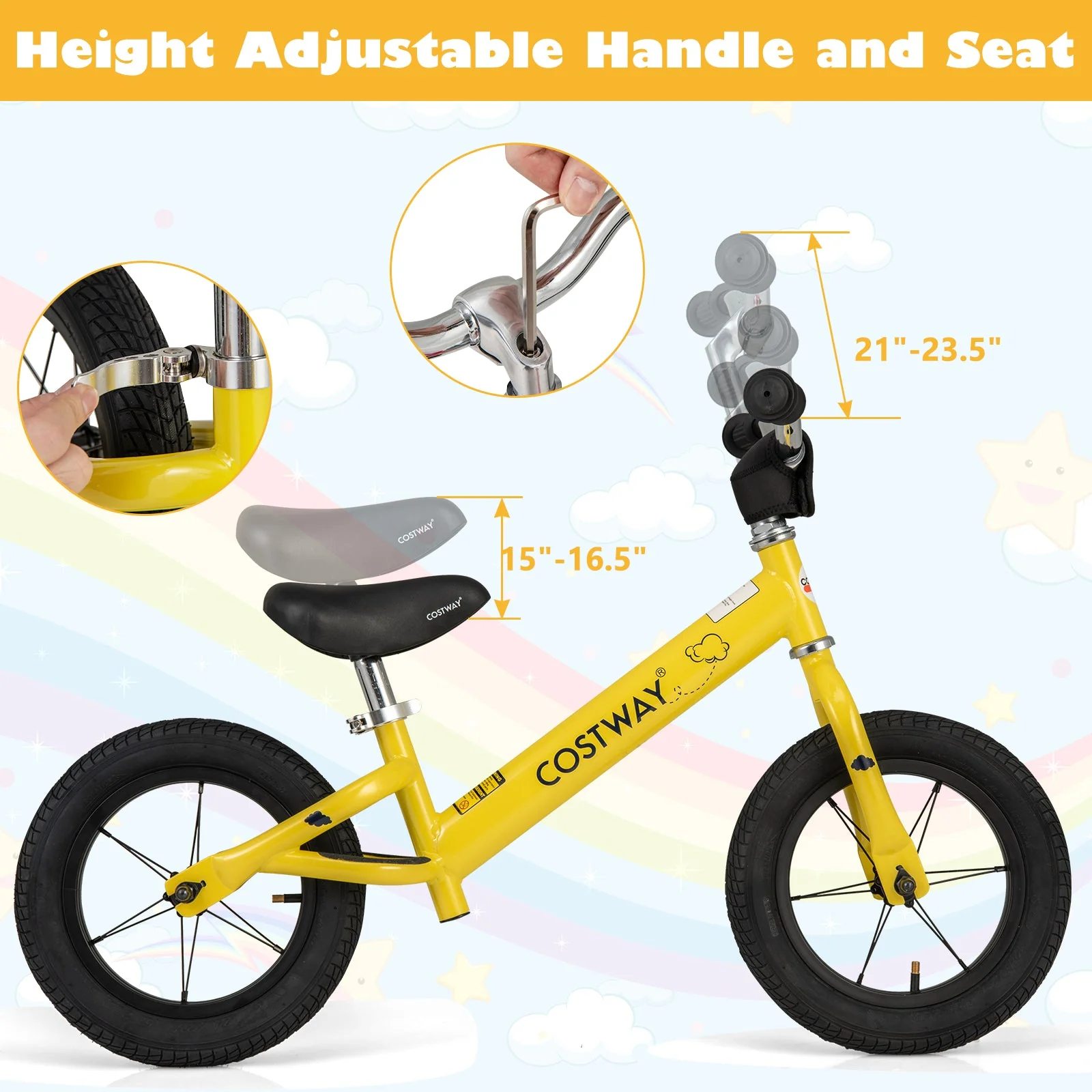 12 Inch Toddler Balance Bike with Height Adjustable Handlebar and Seat-Yellow - Image 6