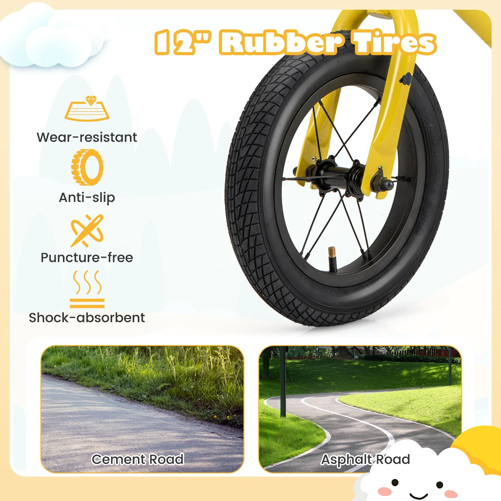 12 Inch Toddler Balance Bike with Height Adjustable Handlebar and Seat-Yellow - Image 8