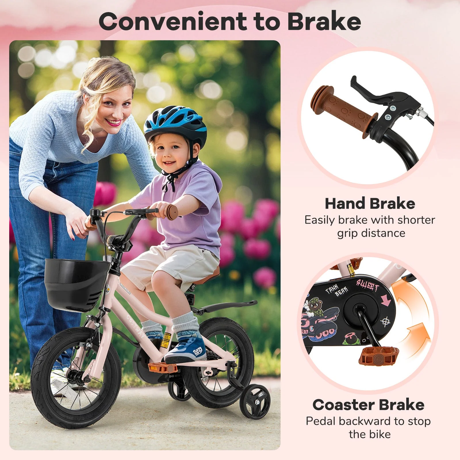 12 Inches Kids Bike with Basket and Adjustable Handlebar for 3-4 Years Old - Image 6