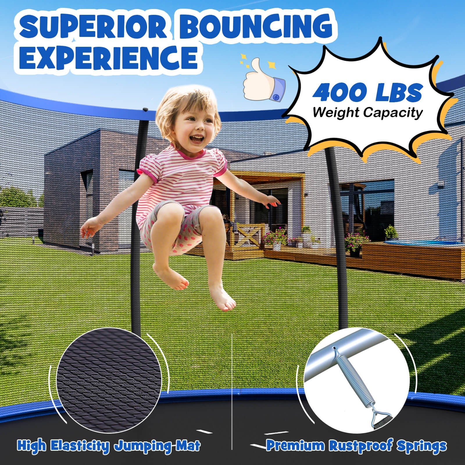 12FT ASTM Approved Recreational Trampoline with Ladder-Blue - Image 3