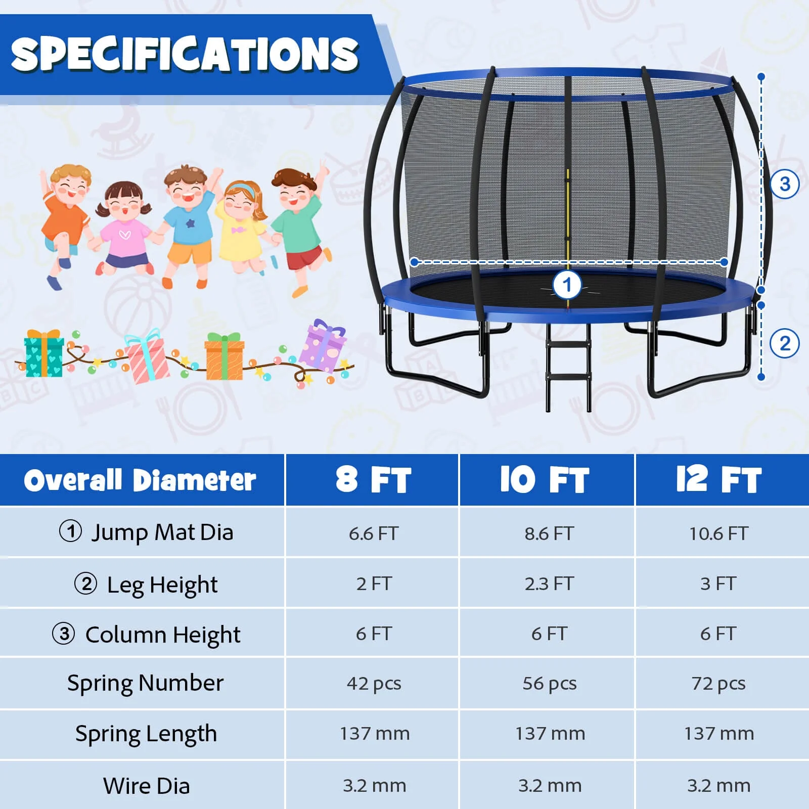 12FT ASTM Approved Recreational Trampoline with Ladder-Blue - Image 4