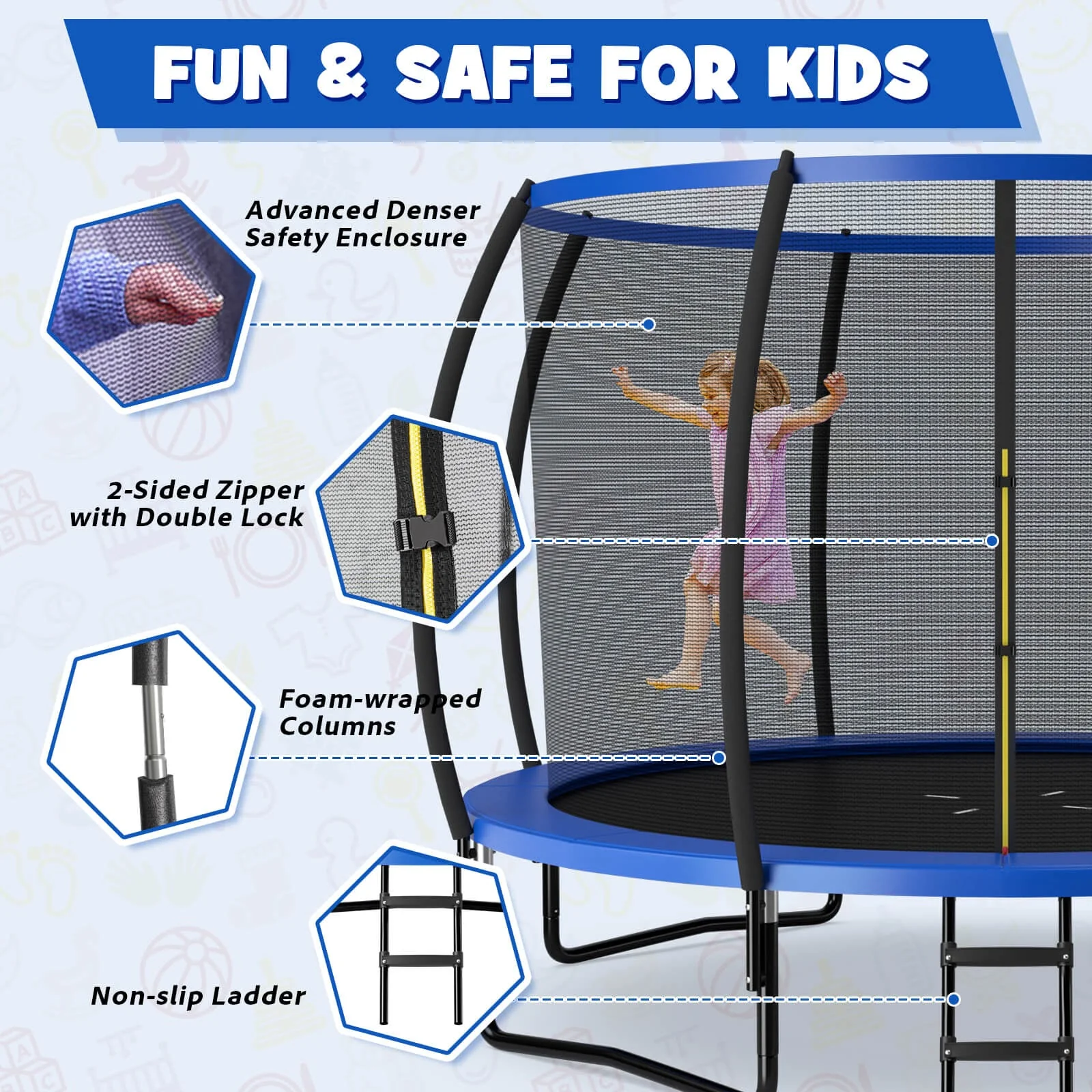 12FT ASTM Approved Recreational Trampoline with Ladder-Blue - Image 8