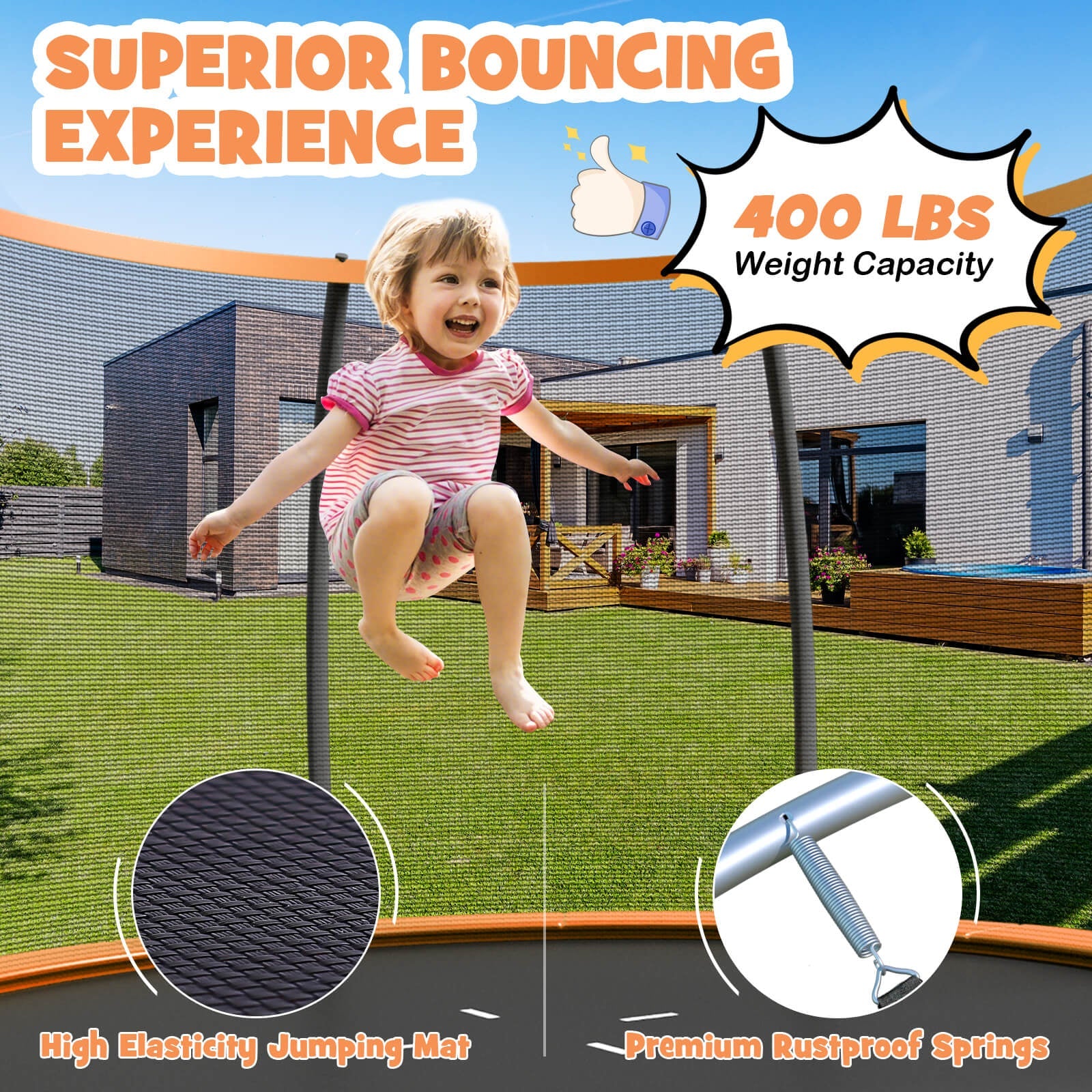 12FT ASTM Approved Recreational Trampoline with Ladder-Orange - Image 3