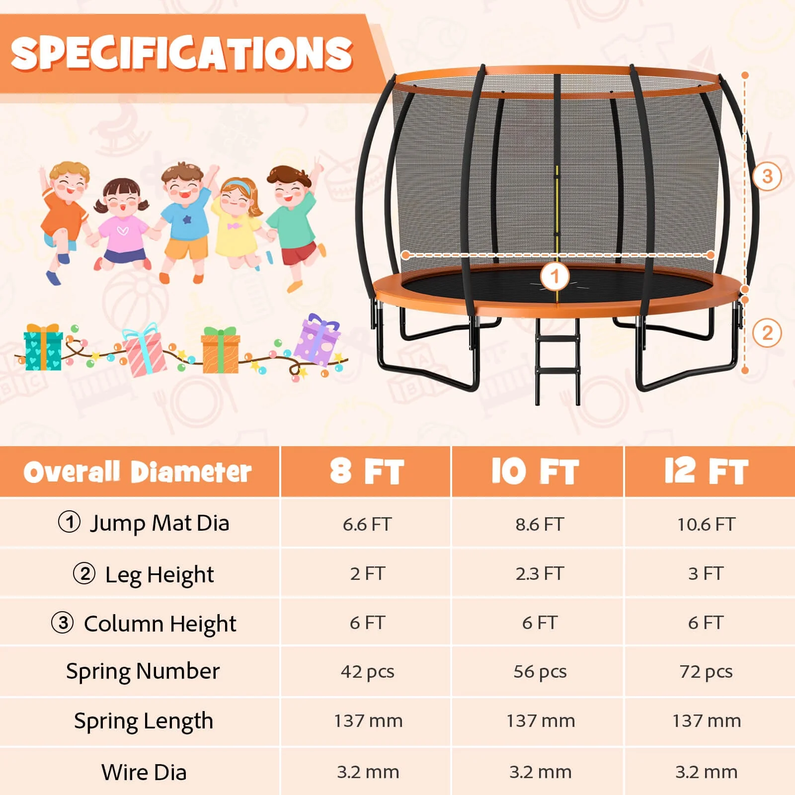 12FT ASTM Approved Recreational Trampoline with Ladder-Orange - Image 4